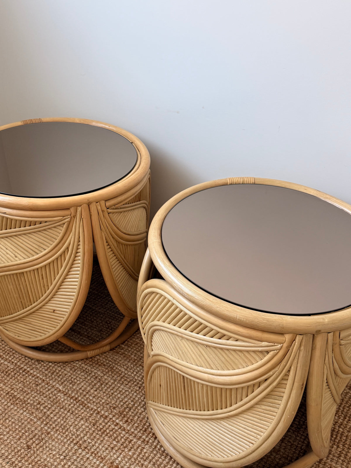 Extra Large Vintage Rattan Palm Side Tables - Two Available
