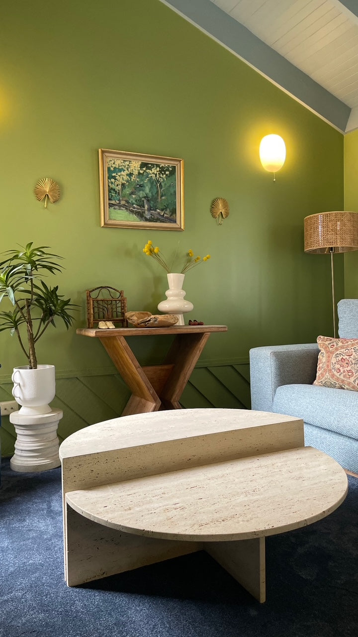 Split Level Half Moon Travertine Table