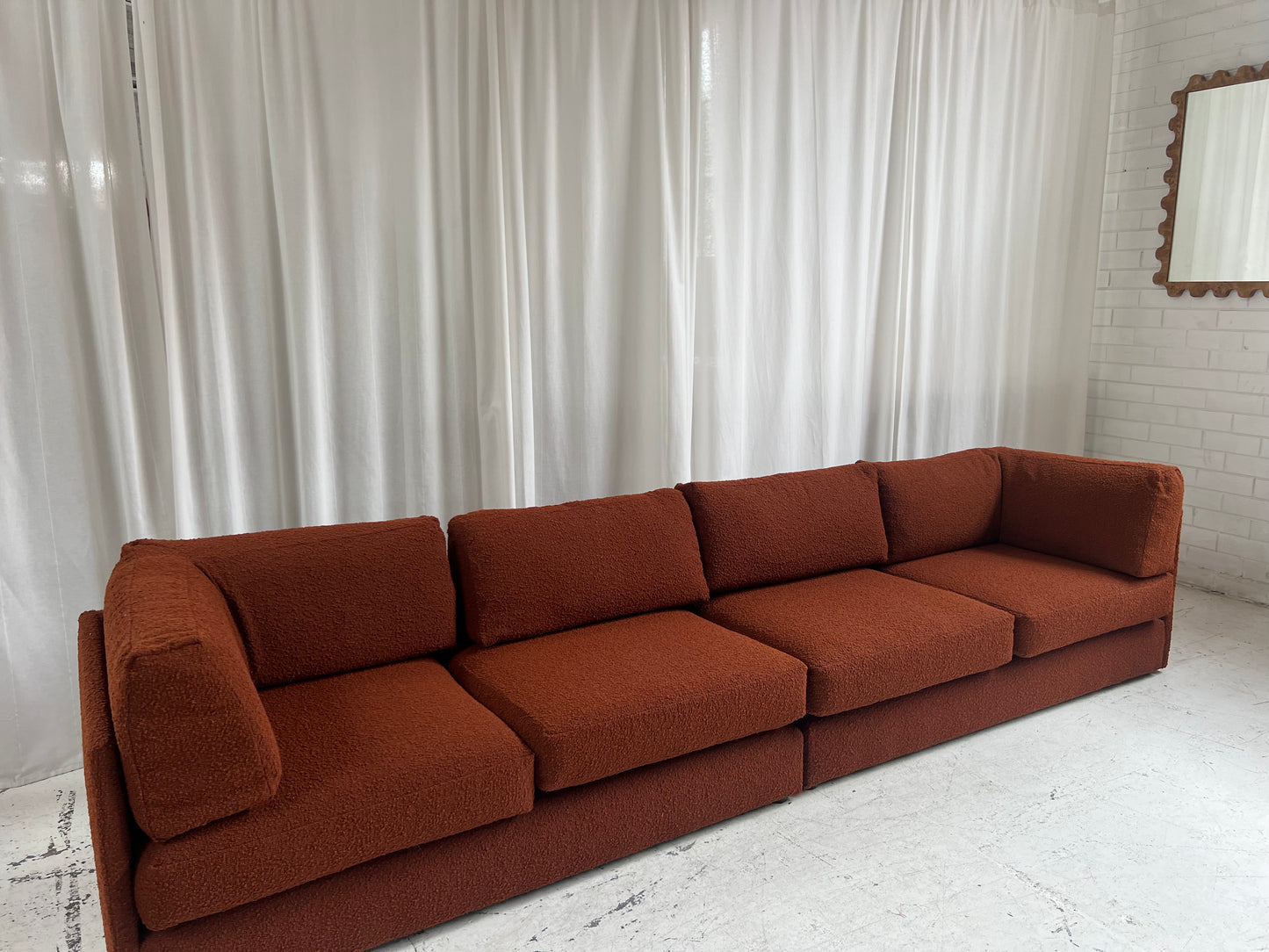 - Restored Bespoke Rust Boucle Modular Sofa and Armchair Set