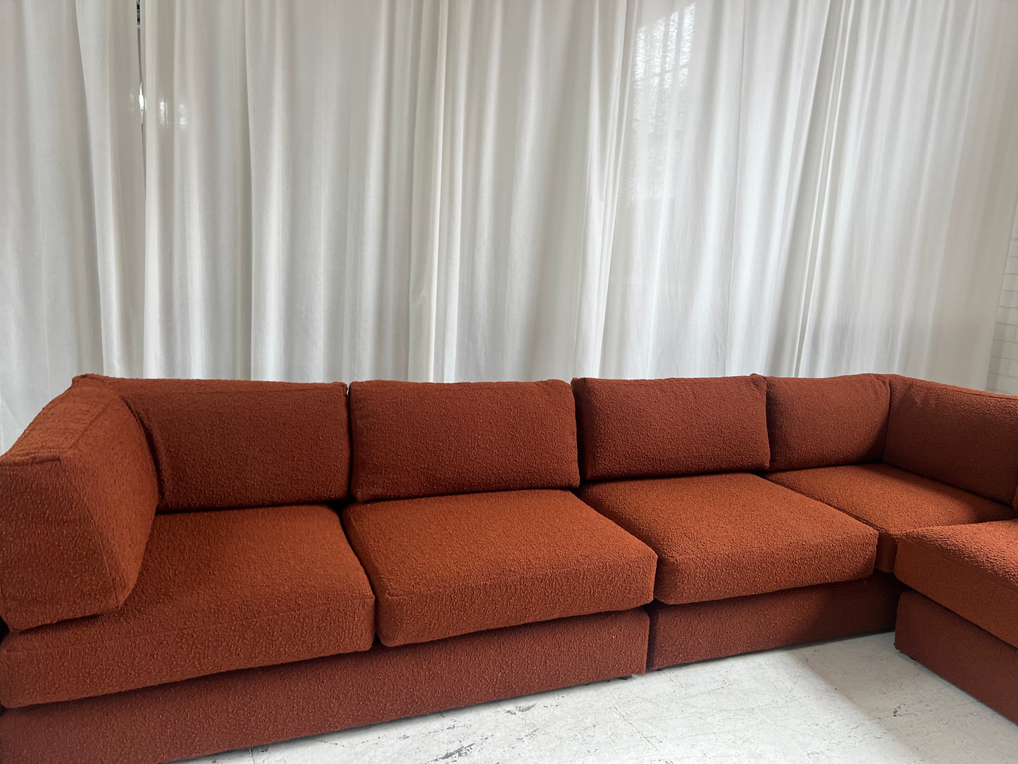 - Restored Bespoke Rust Boucle Modular Sofa and Armchair Set