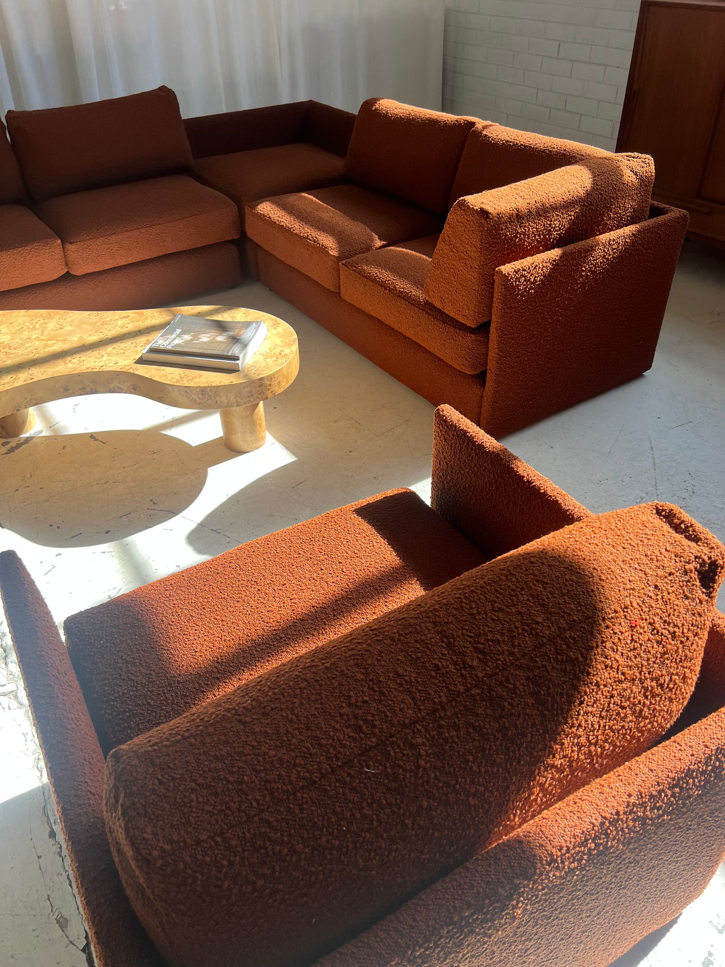 - Restored Bespoke Rust Boucle Modular Sofa and Armchair Set