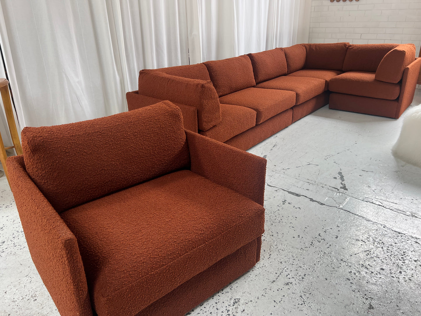 - Restored Bespoke Rust Boucle Modular Sofa and Armchair Set
