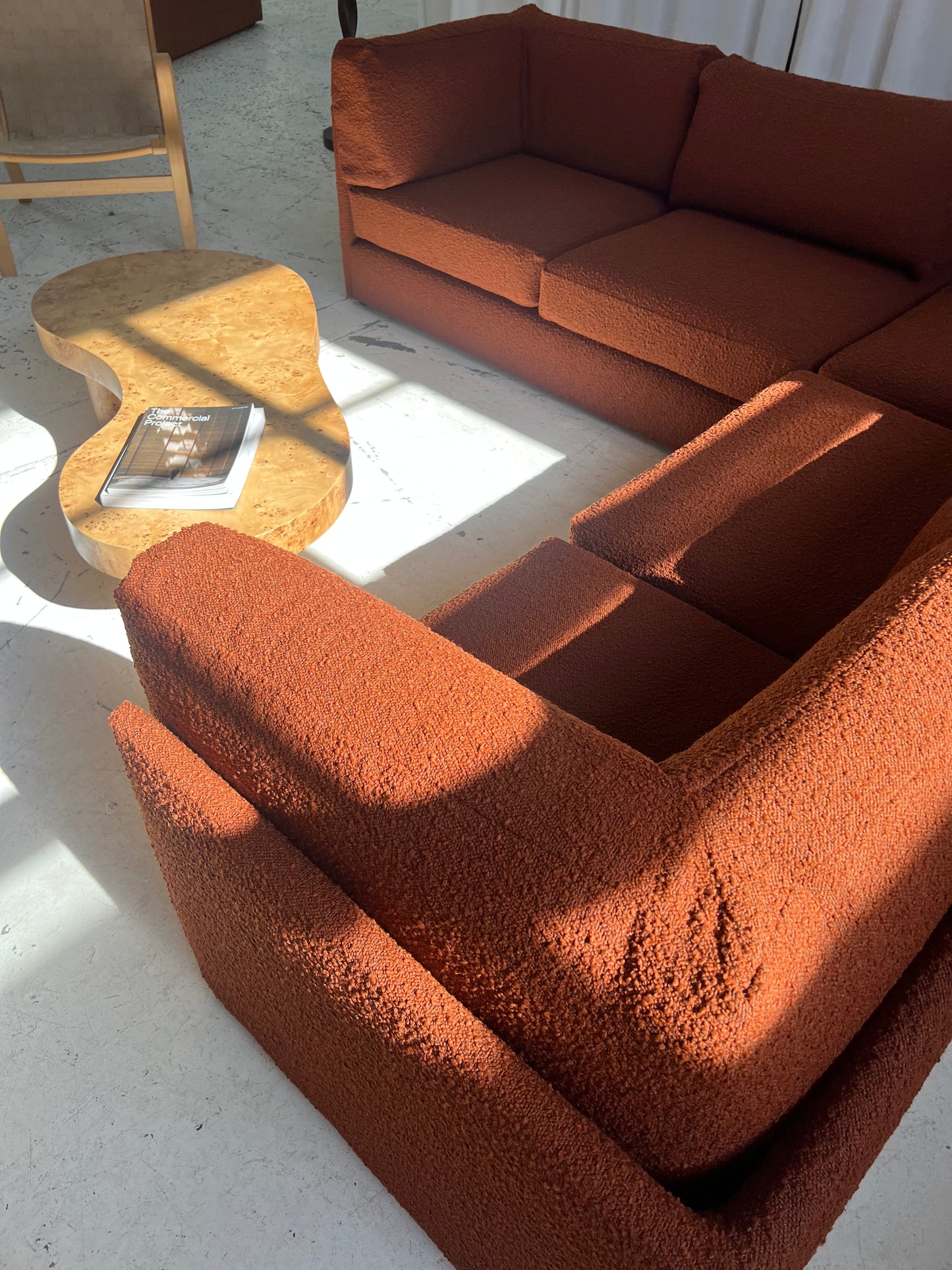 - Restored Bespoke Rust Boucle Modular Sofa and Armchair Set