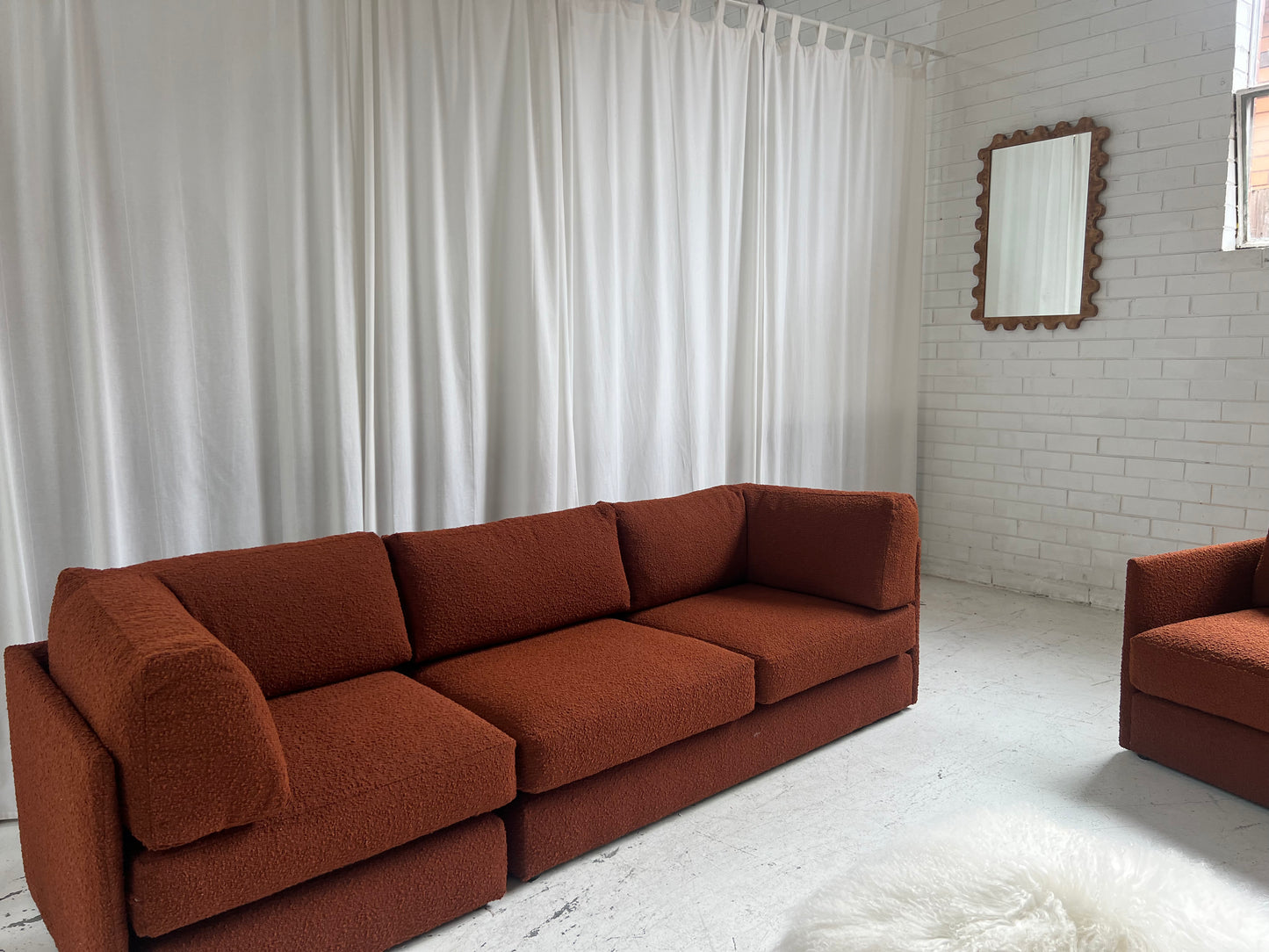 - Restored Bespoke Rust Boucle Modular Sofa and Armchair Set