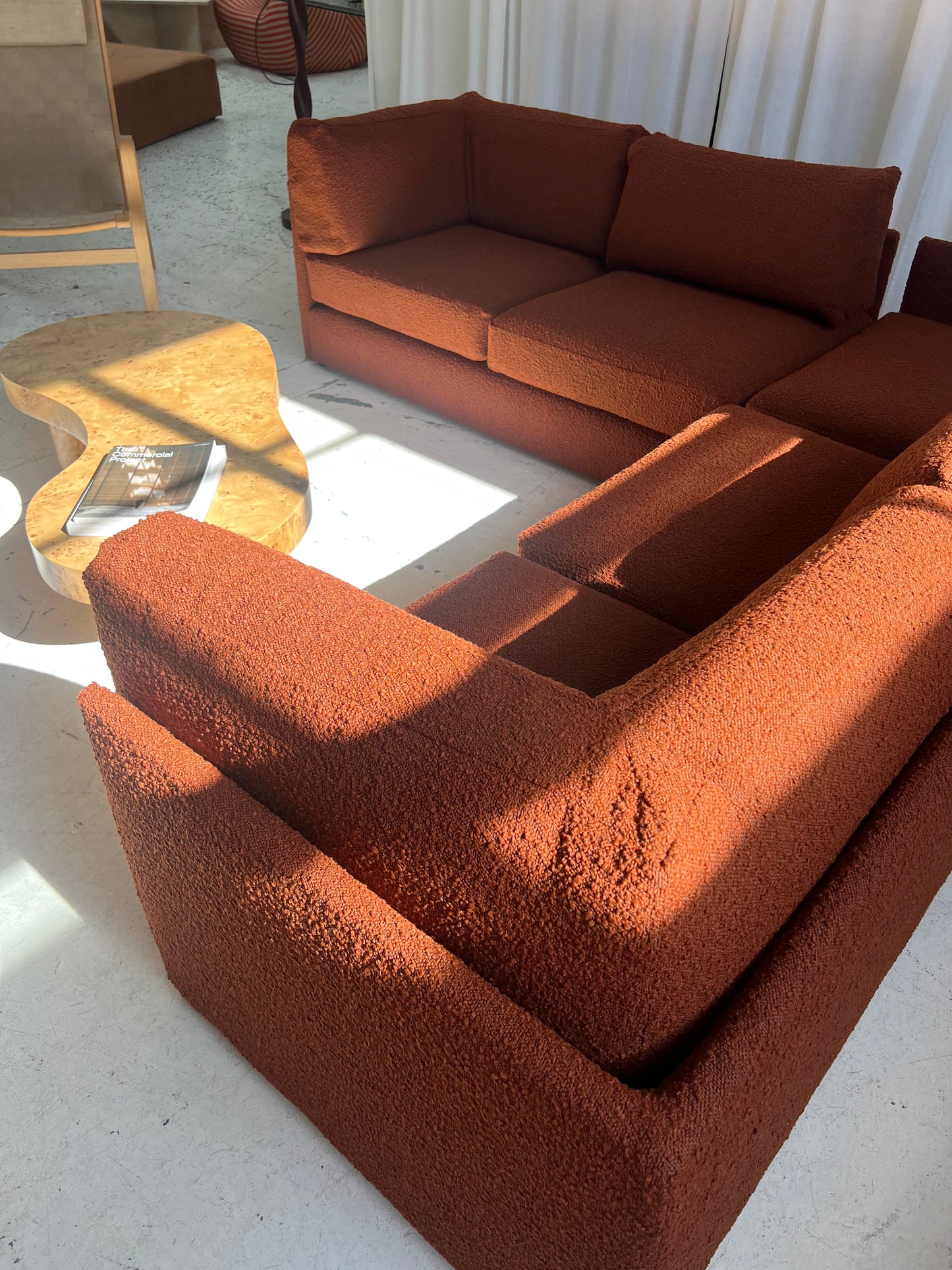 - Restored Bespoke Rust Boucle Modular Sofa and Armchair Set