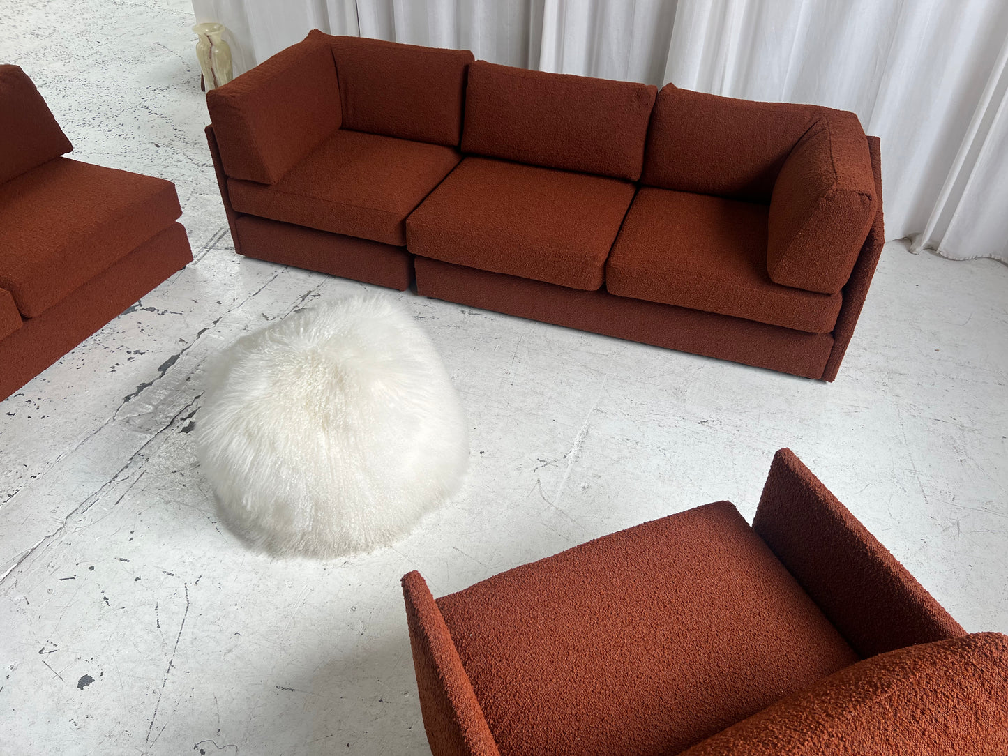 - Restored Bespoke Rust Boucle Modular Sofa and Armchair Set