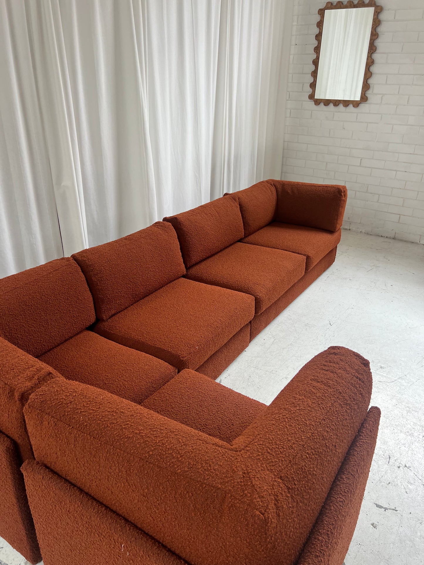 - Restored Bespoke Rust Boucle Modular Sofa and Armchair Set