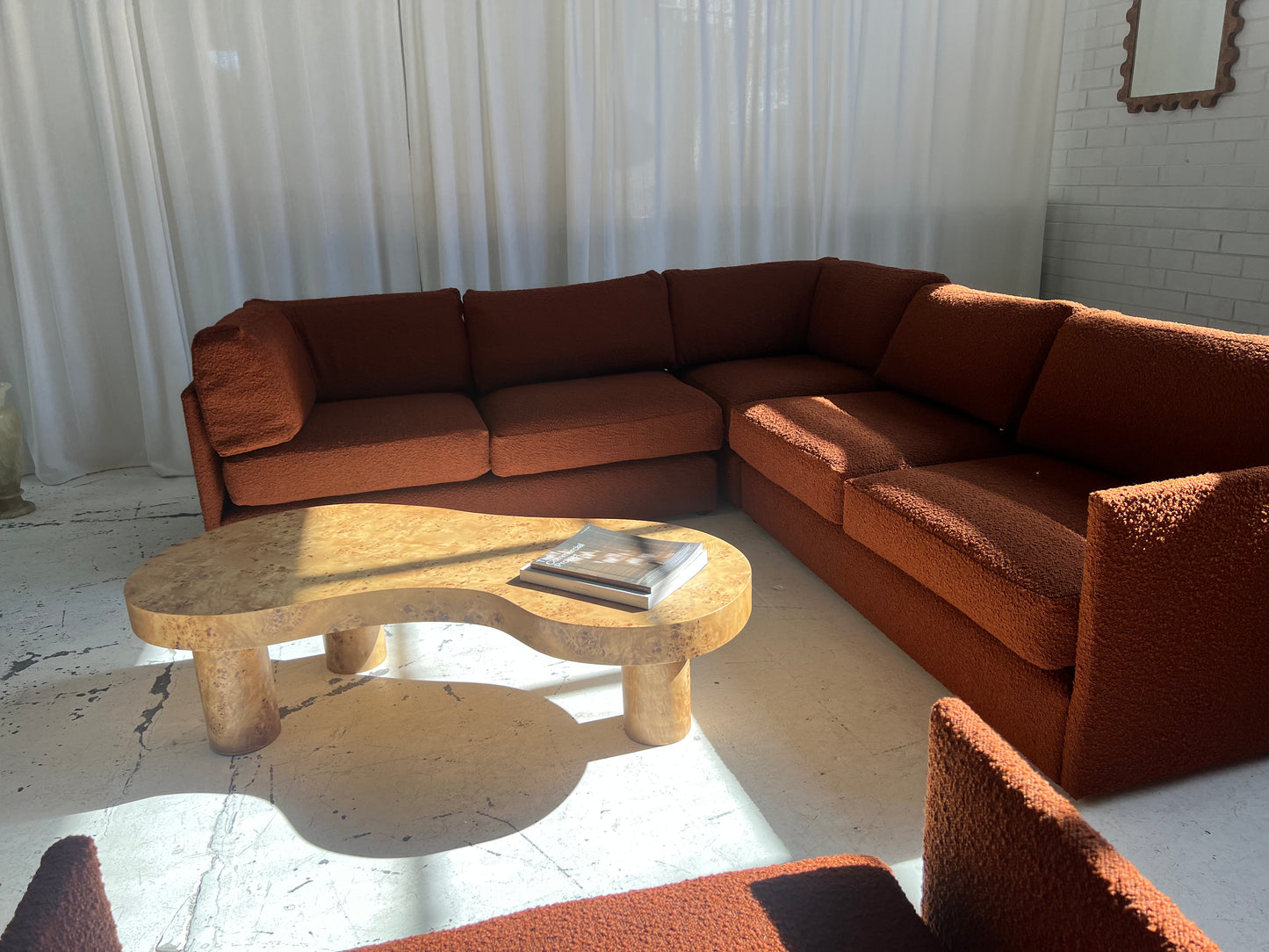 - Restored Bespoke Rust Boucle Modular Sofa and Armchair Set