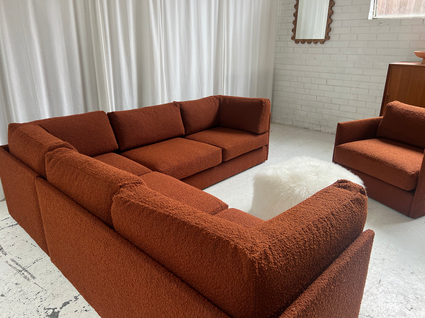 - Restored Bespoke Rust Boucle Modular Sofa and Armchair Set