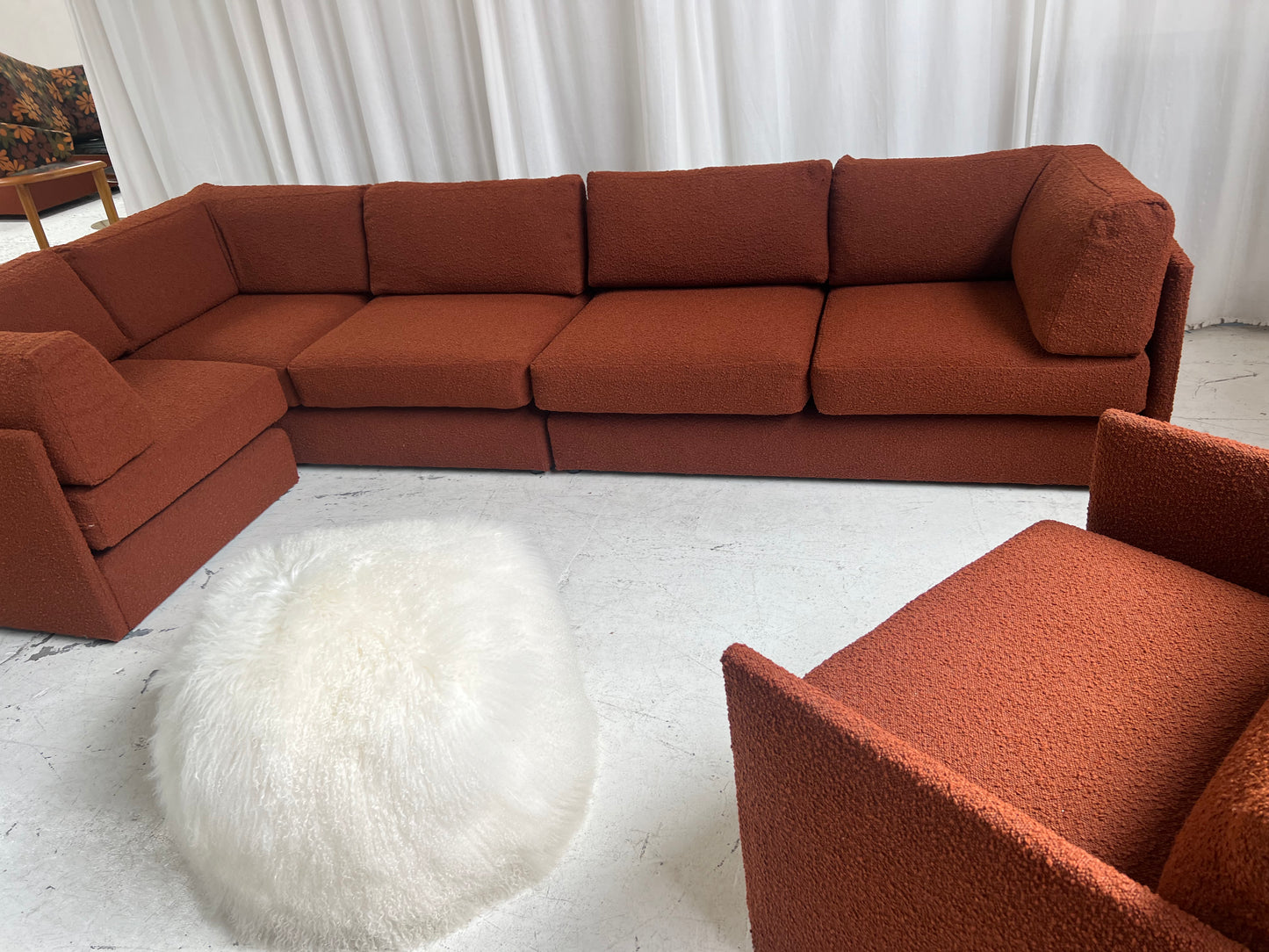 - Restored Bespoke Rust Boucle Modular Sofa and Armchair Set