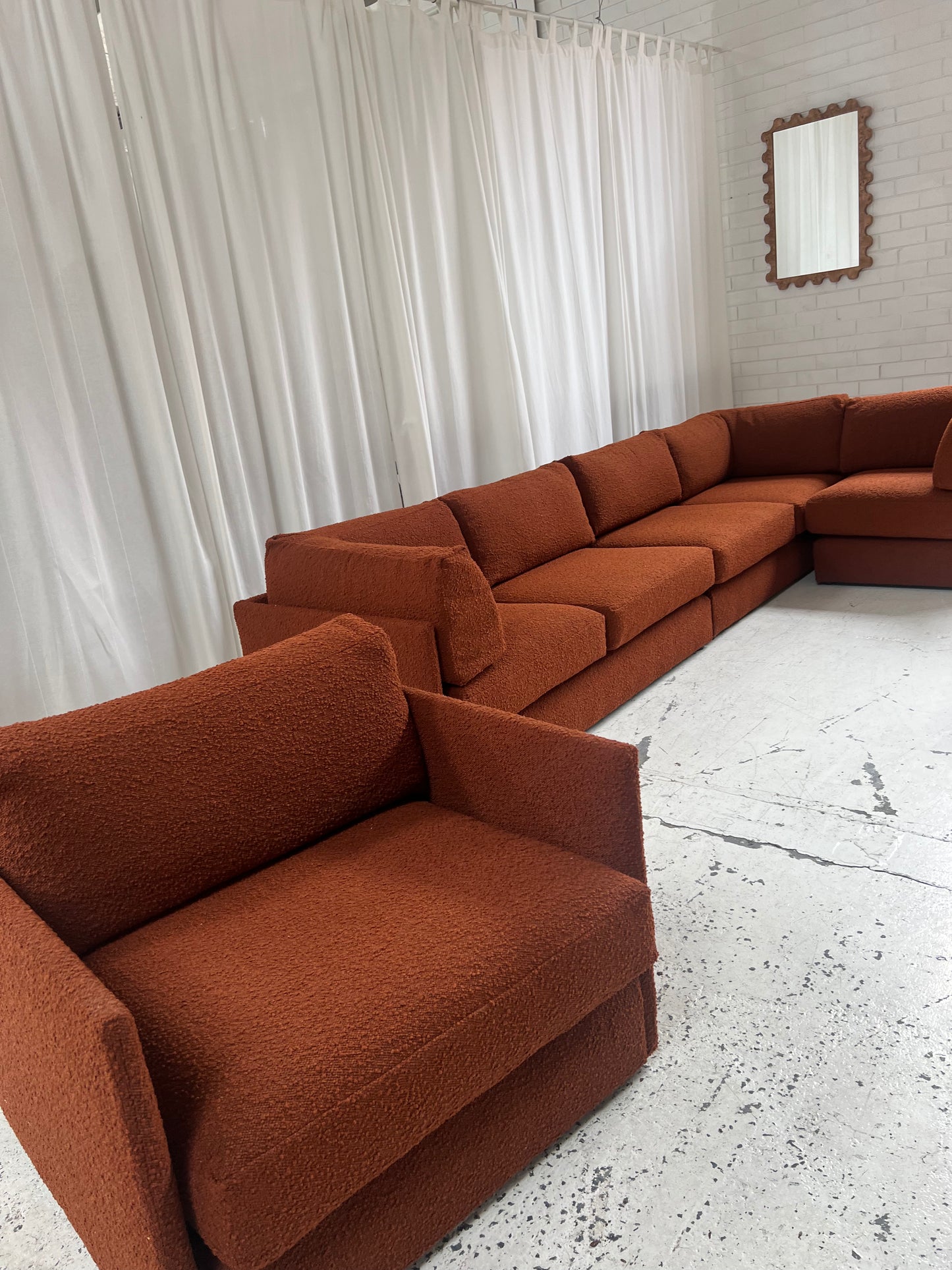 - Restored Bespoke Rust Boucle Modular Sofa and Armchair Set