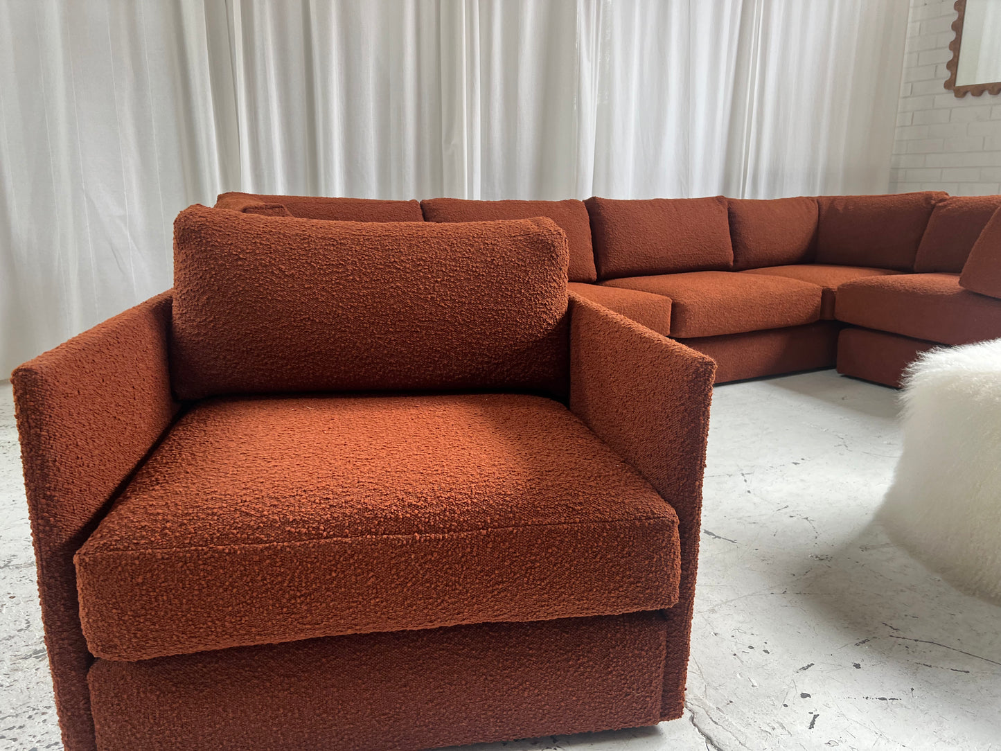 - Restored Bespoke Rust Boucle Modular Sofa and Armchair Set