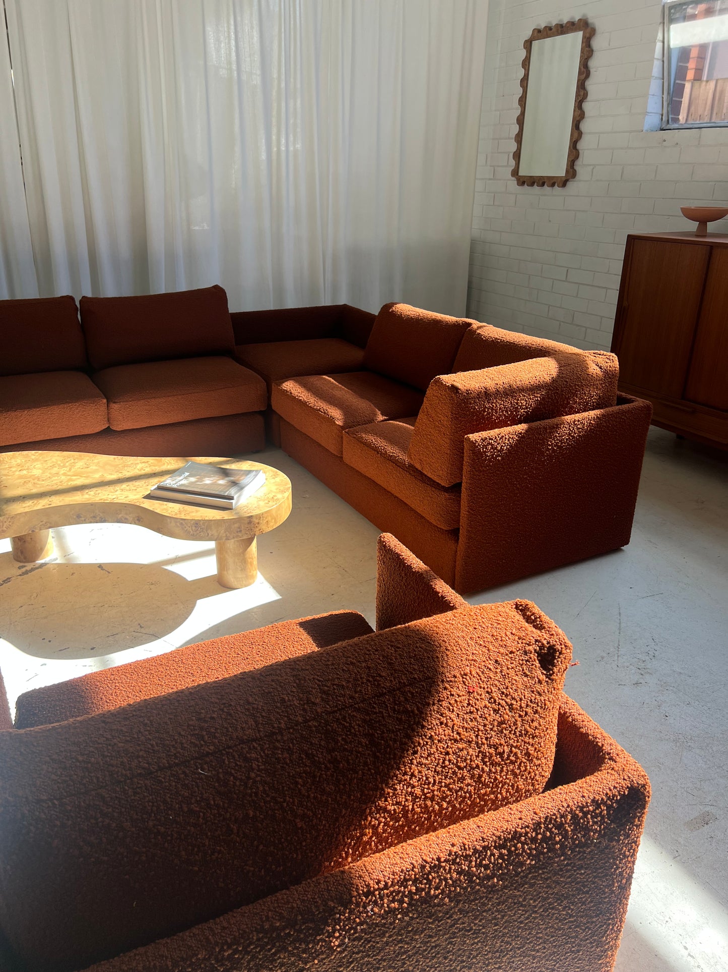 - Restored Bespoke Rust Boucle Modular Sofa and Armchair Set