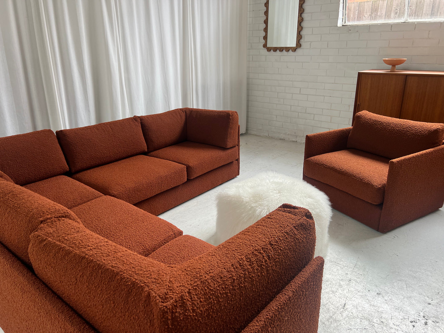 - Restored Bespoke Rust Boucle Modular Sofa and Armchair Set