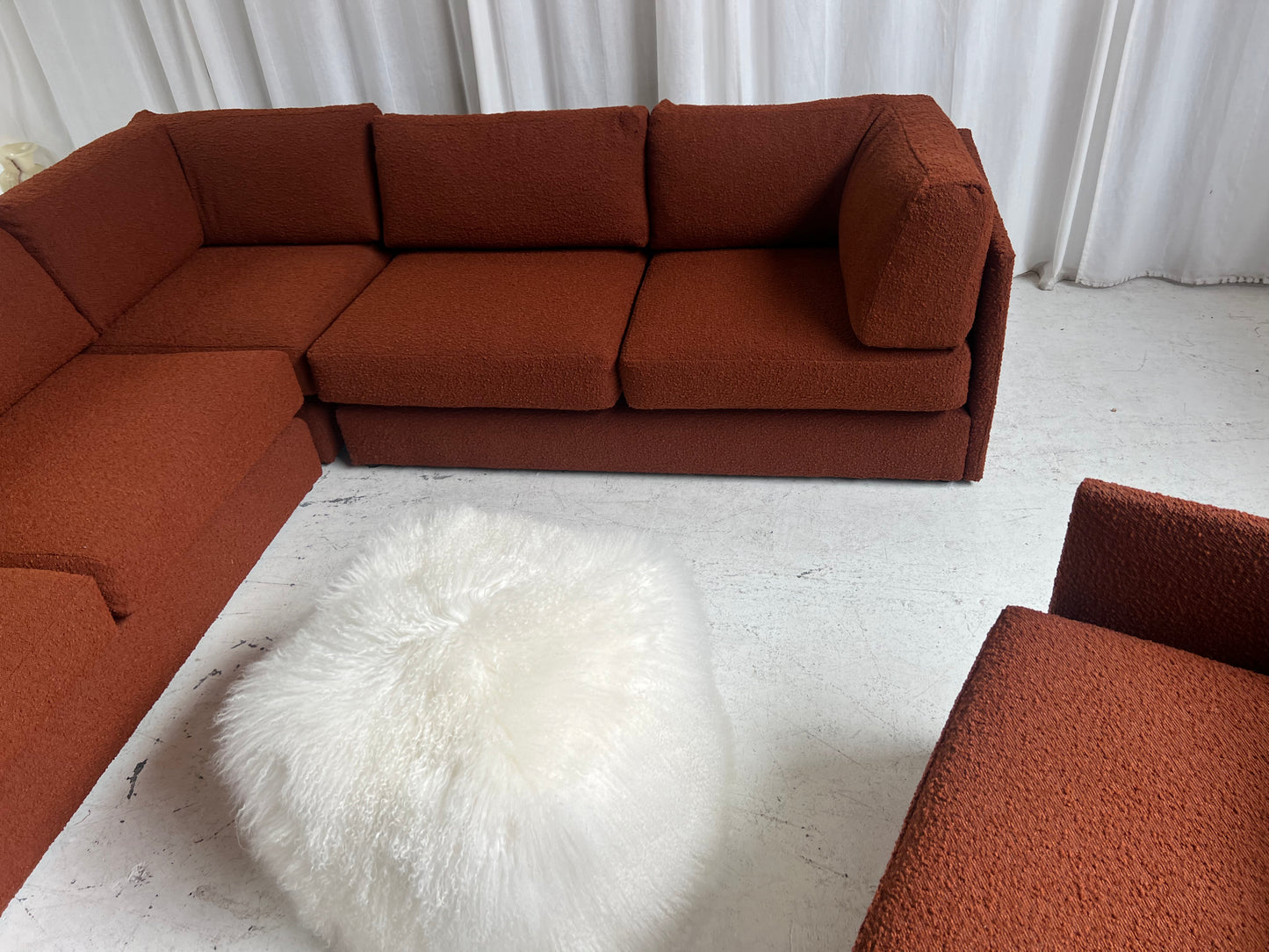 - Restored Bespoke Rust Boucle Modular Sofa and Armchair Set