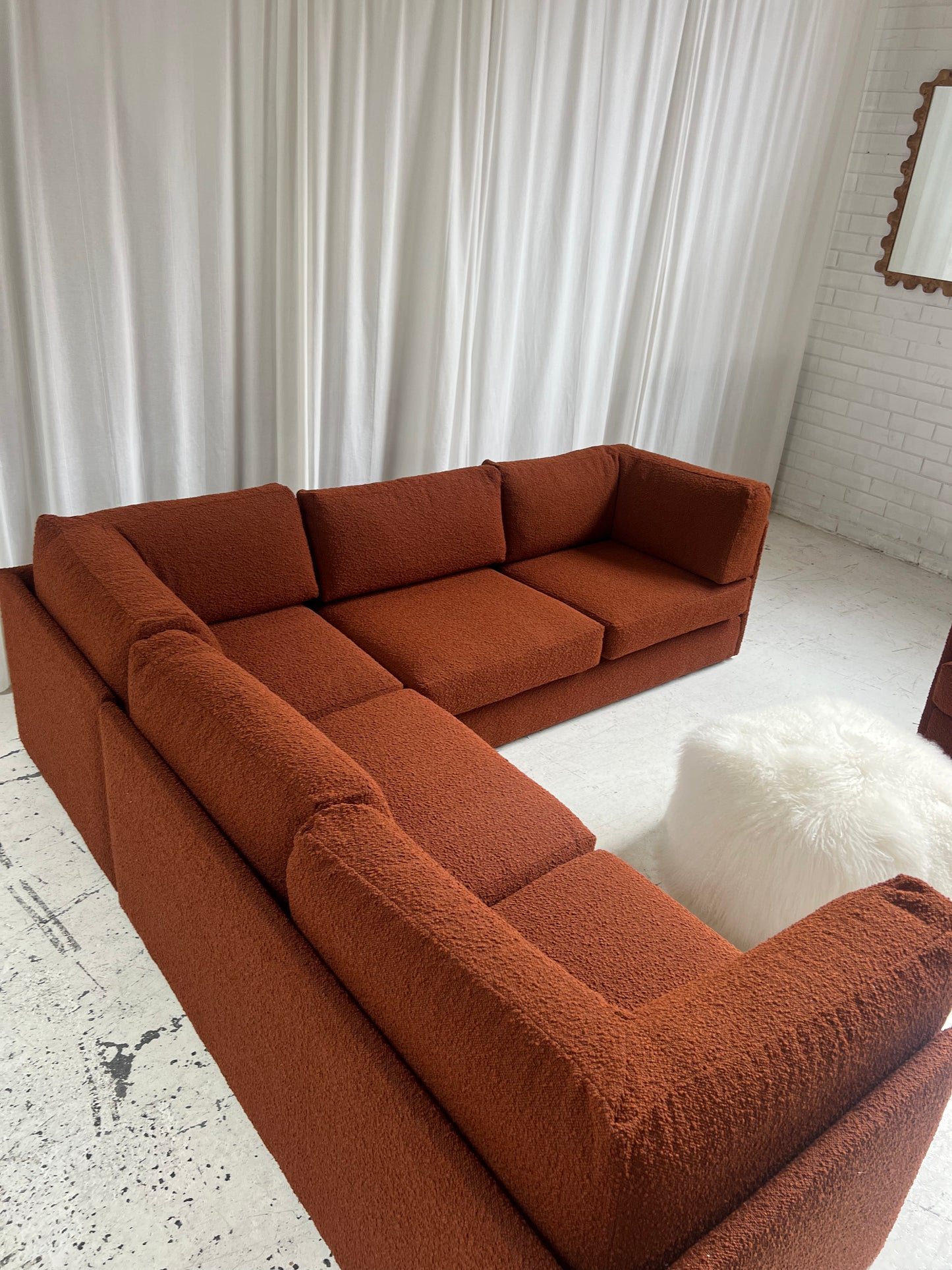 - Restored Bespoke Rust Boucle Modular Sofa and Armchair Set