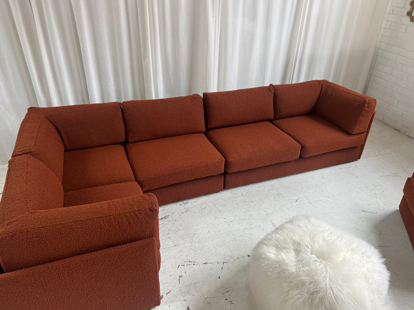 - Restored Bespoke Rust Boucle Modular Sofa and Armchair Set