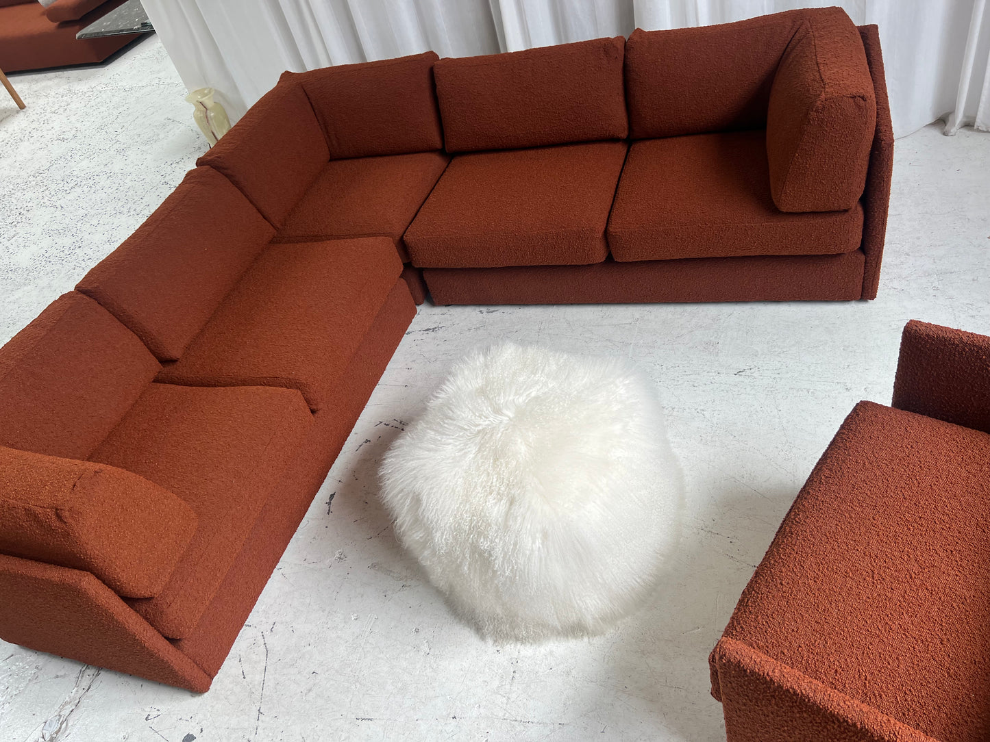 - Restored Bespoke Rust Boucle Modular Sofa and Armchair Set