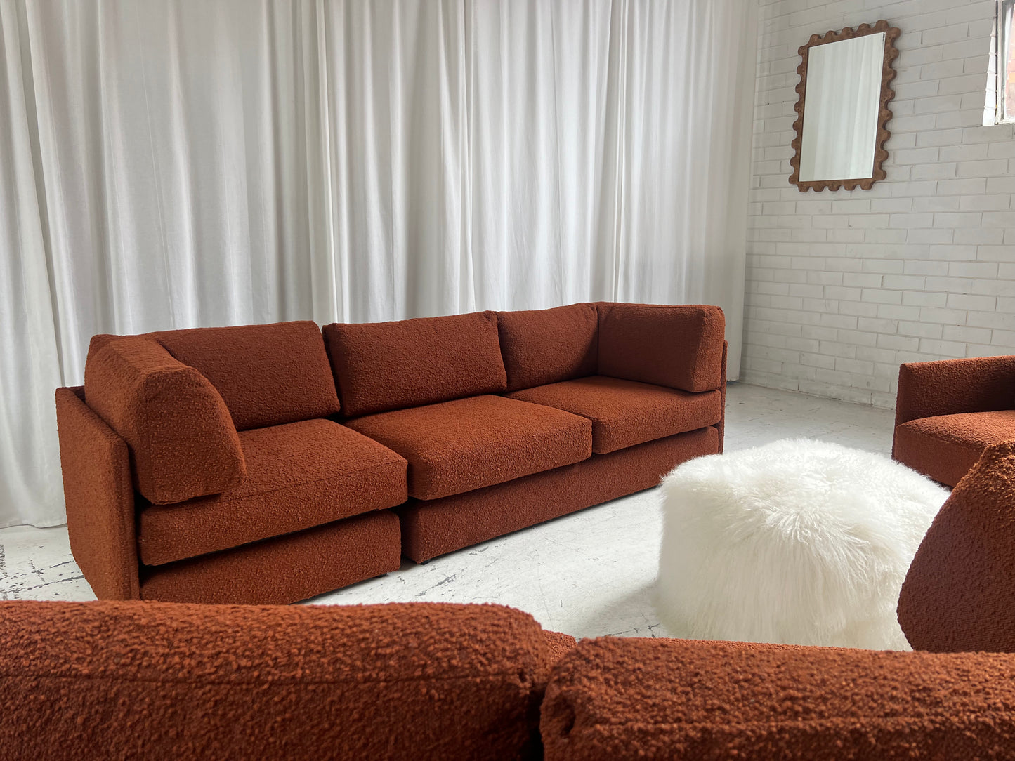 - Restored Bespoke Rust Boucle Modular Sofa and Armchair Set
