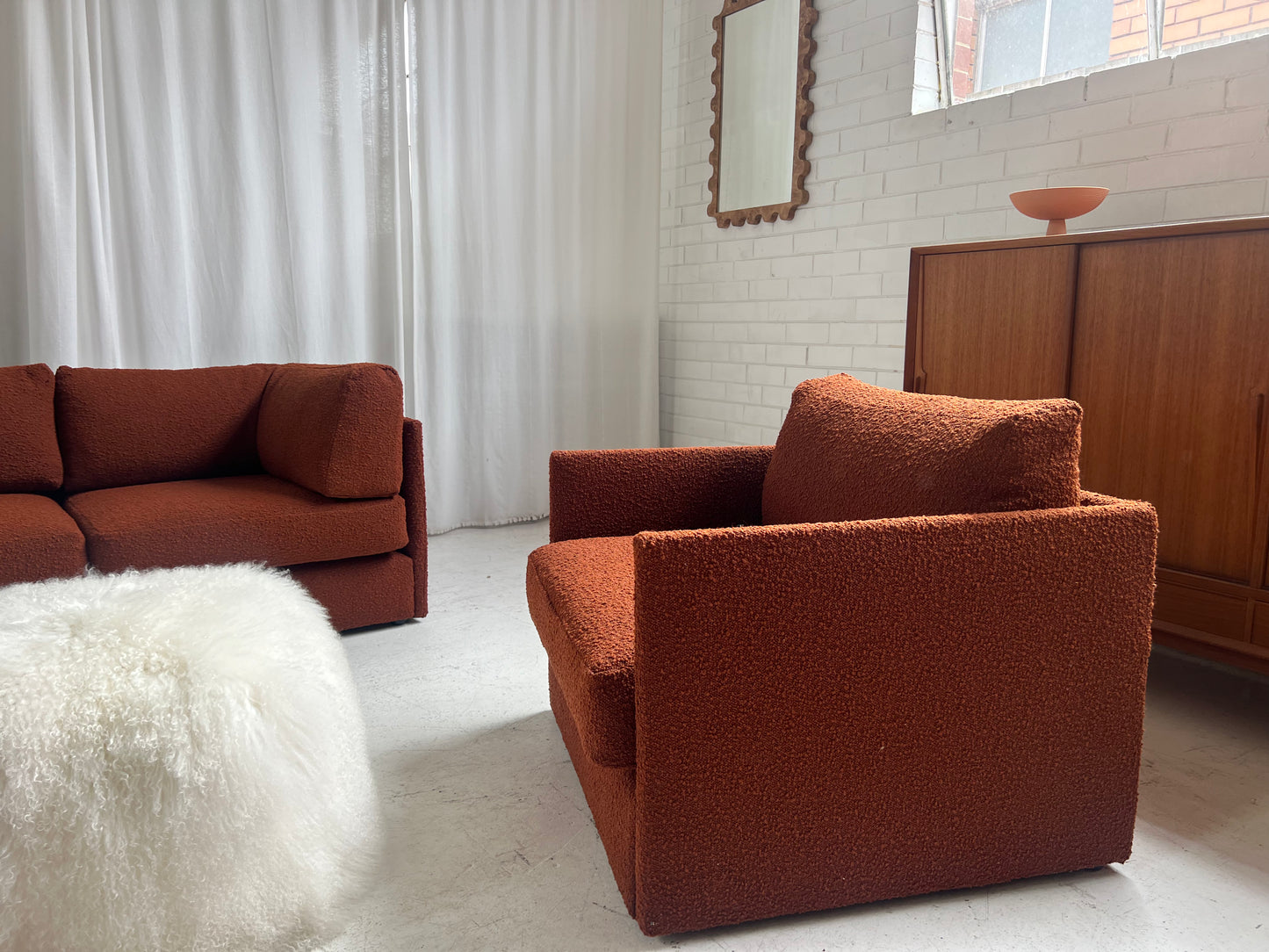 - Restored Bespoke Rust Boucle Modular Sofa and Armchair Set
