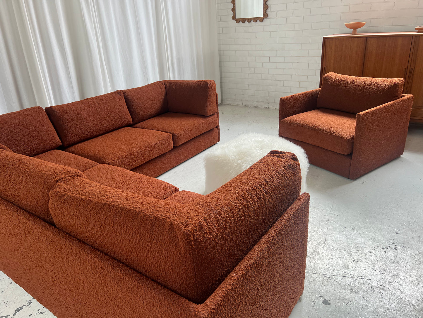 - Restored Bespoke Rust Boucle Modular Sofa and Armchair Set