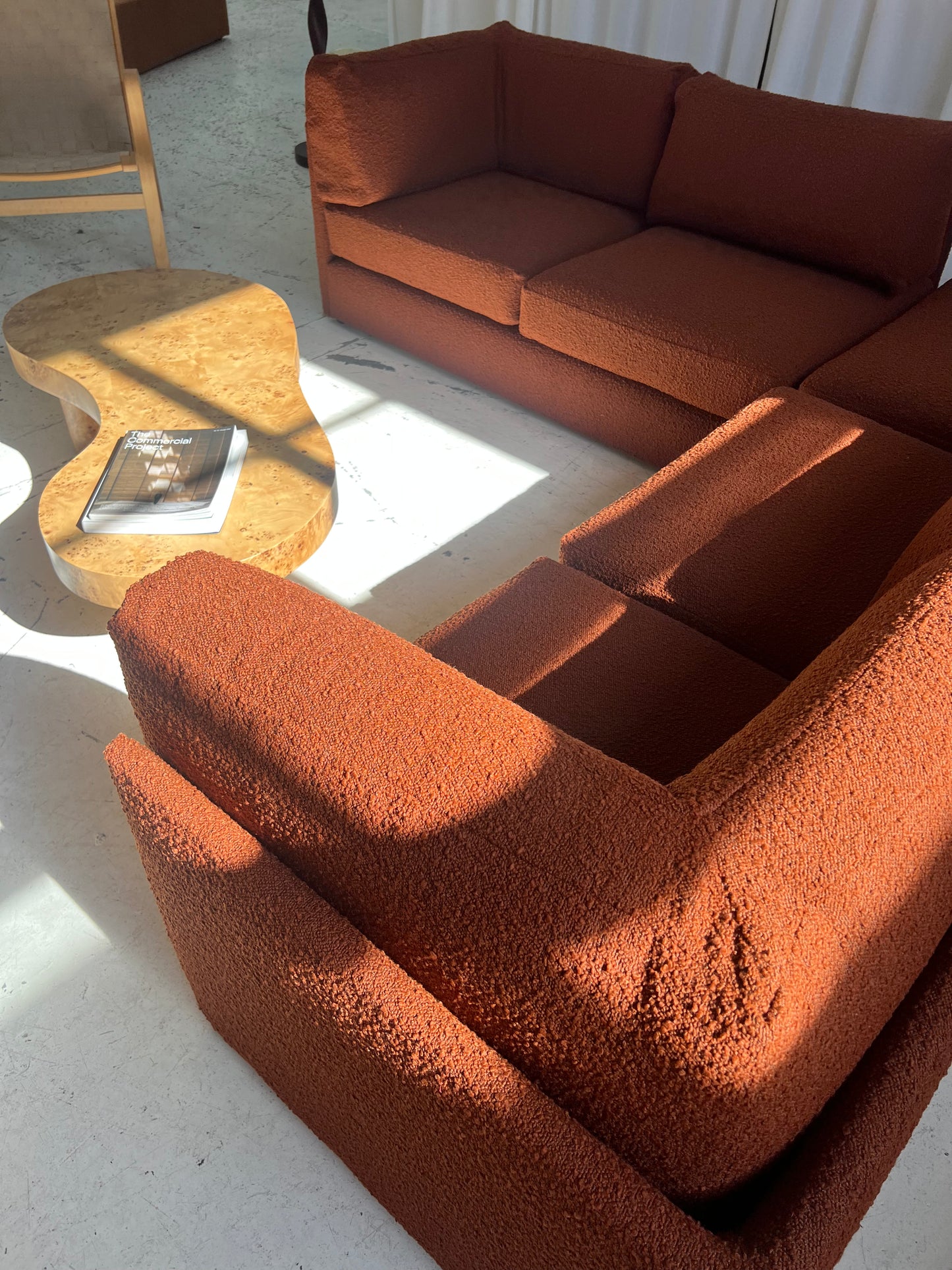 - Restored Bespoke Rust Boucle Modular Sofa and Armchair Set