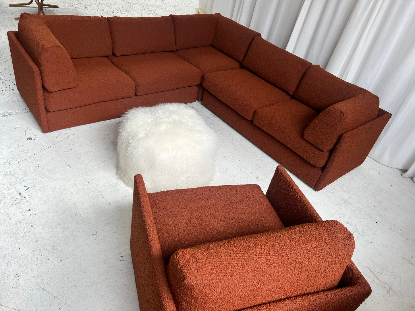 - Restored Bespoke Rust Boucle Modular Sofa and Armchair Set