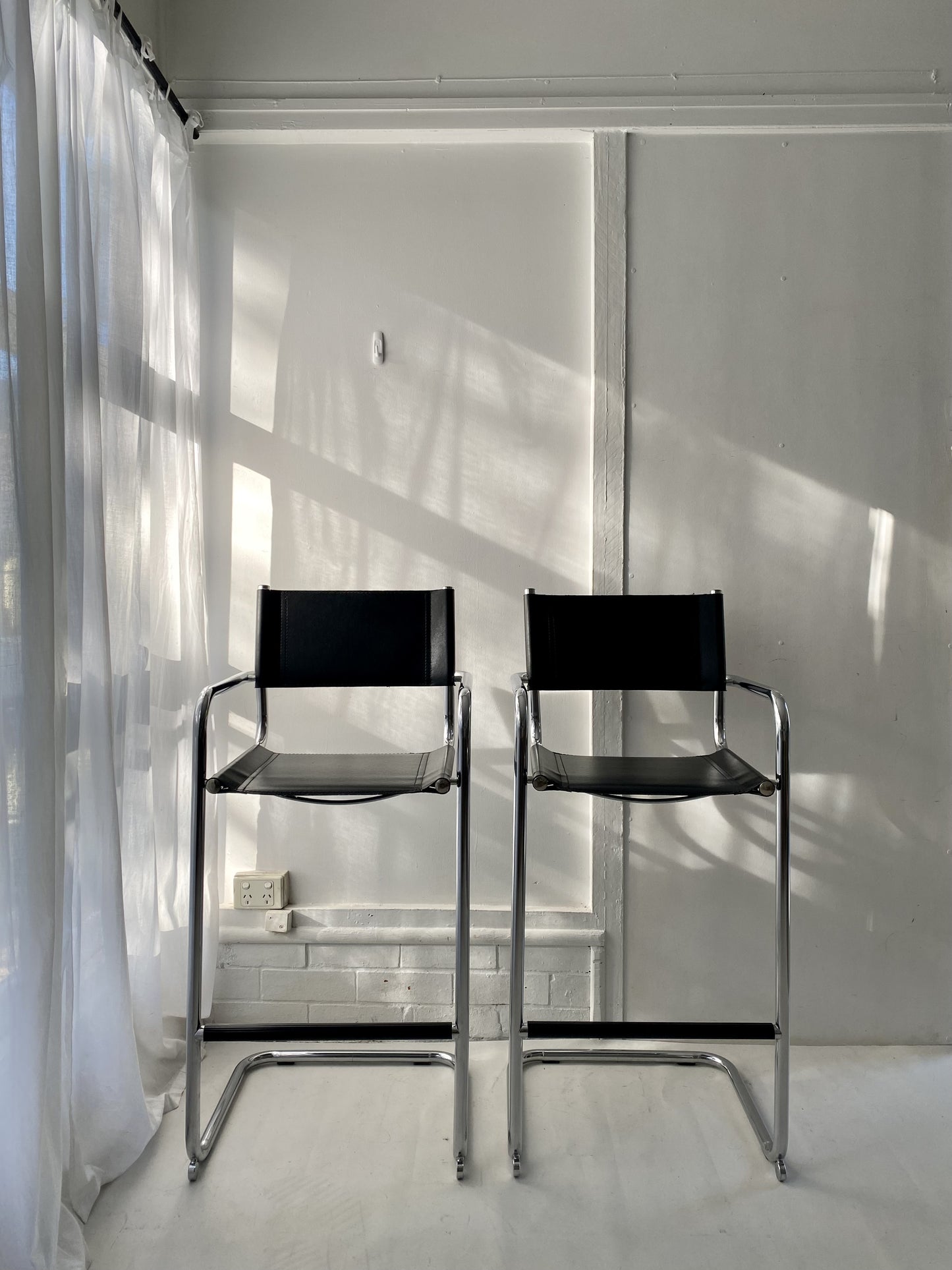 - Set of Two Italian Mart Stam Cantilever Chrome Leather Bar Stools