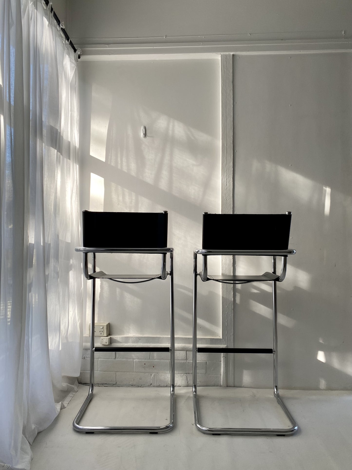 - Set of Two Italian Mart Stam Cantilever Chrome Leather Bar Stools