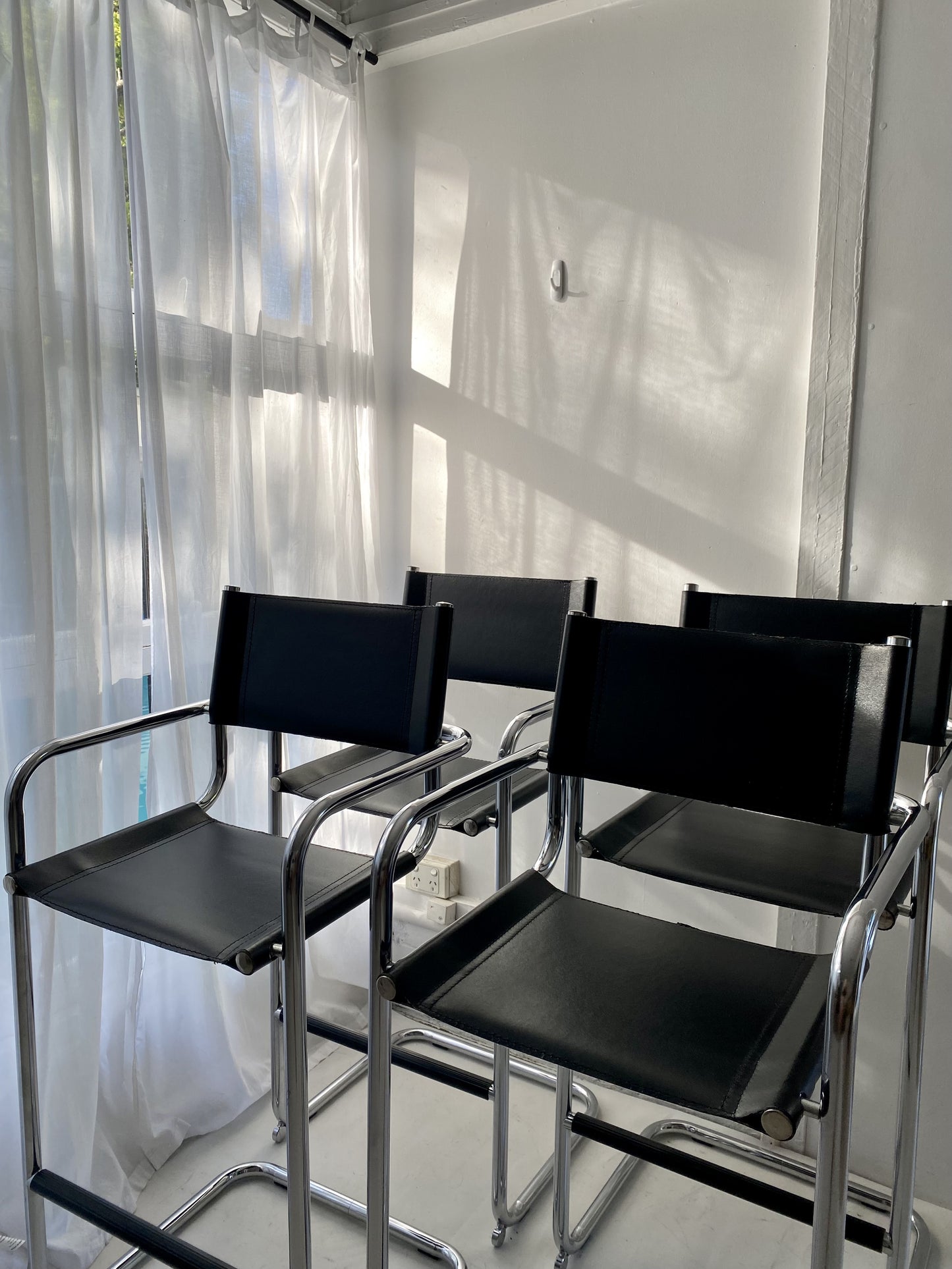 - Set of Two Italian Mart Stam Cantilever Chrome Leather Bar Stools