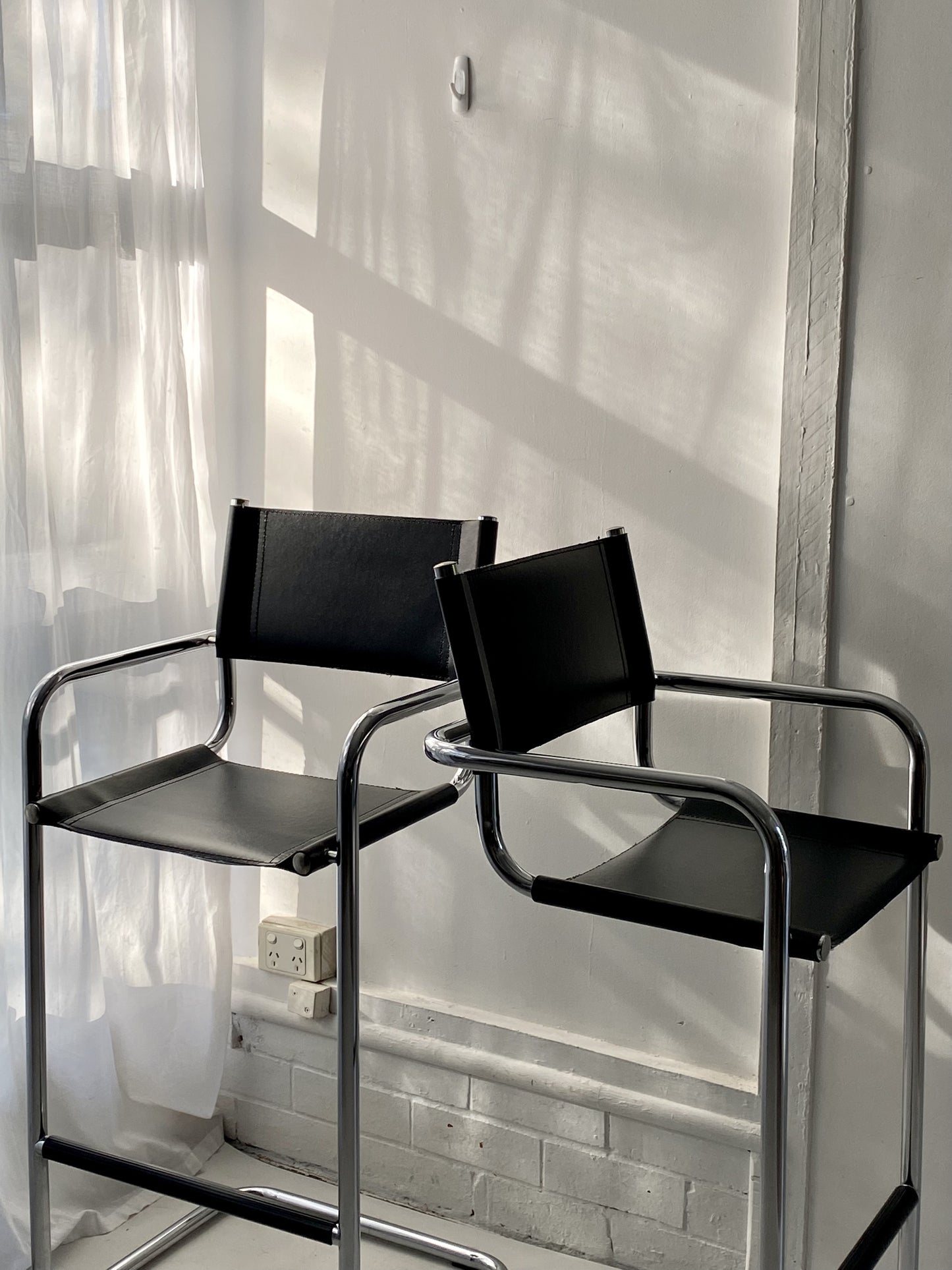 - Set of Two Italian Mart Stam Cantilever Chrome Leather Bar Stools