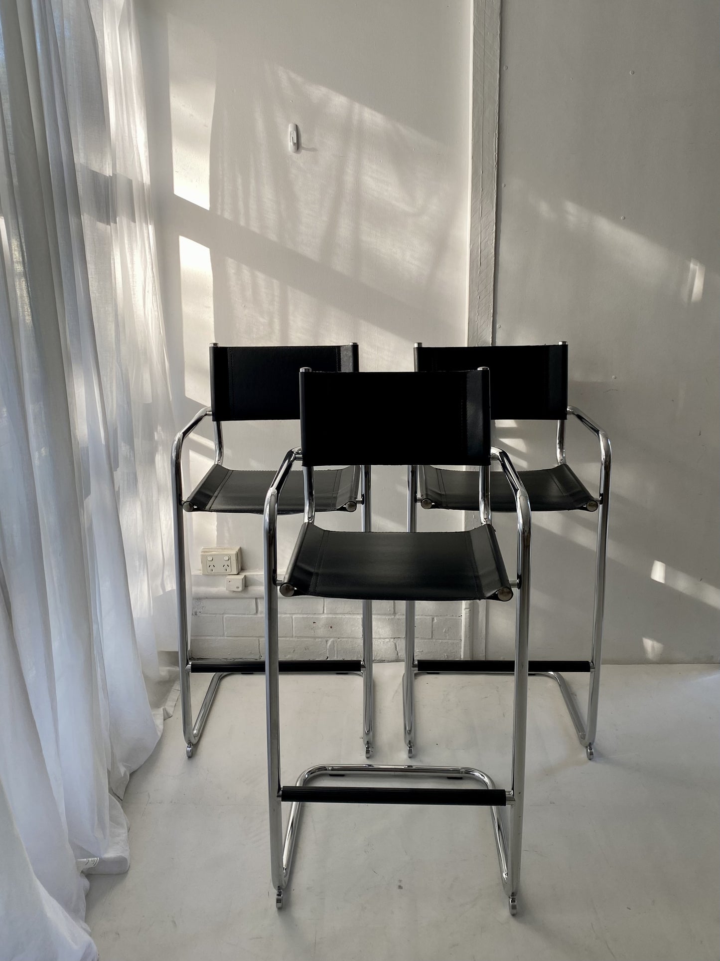 - Set of Two Italian Mart Stam Cantilever Chrome Leather Bar Stools