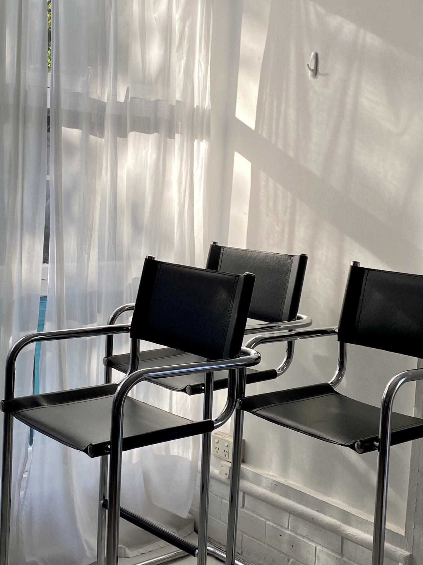 - Set of Two Italian Mart Stam Cantilever Chrome Leather Bar Stools