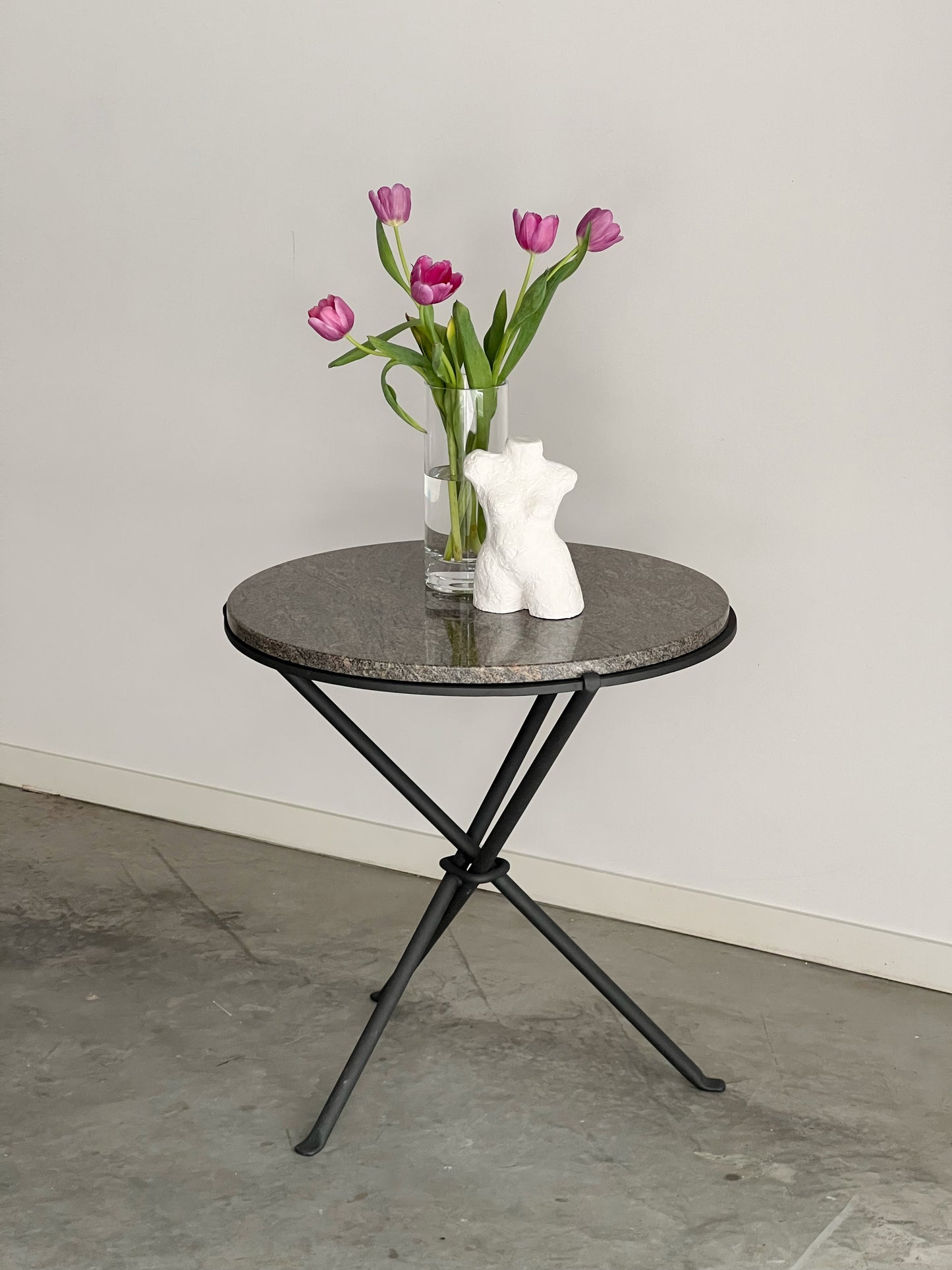 Vintage Italian Wrought Iron & Granite Tripod Side Table - Two Available