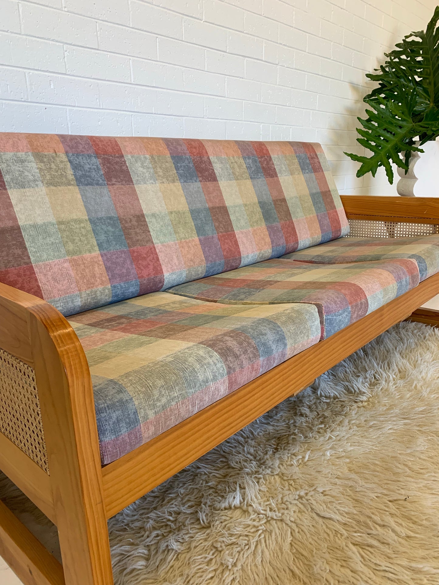 Vintage Pine and Rattan Sofa