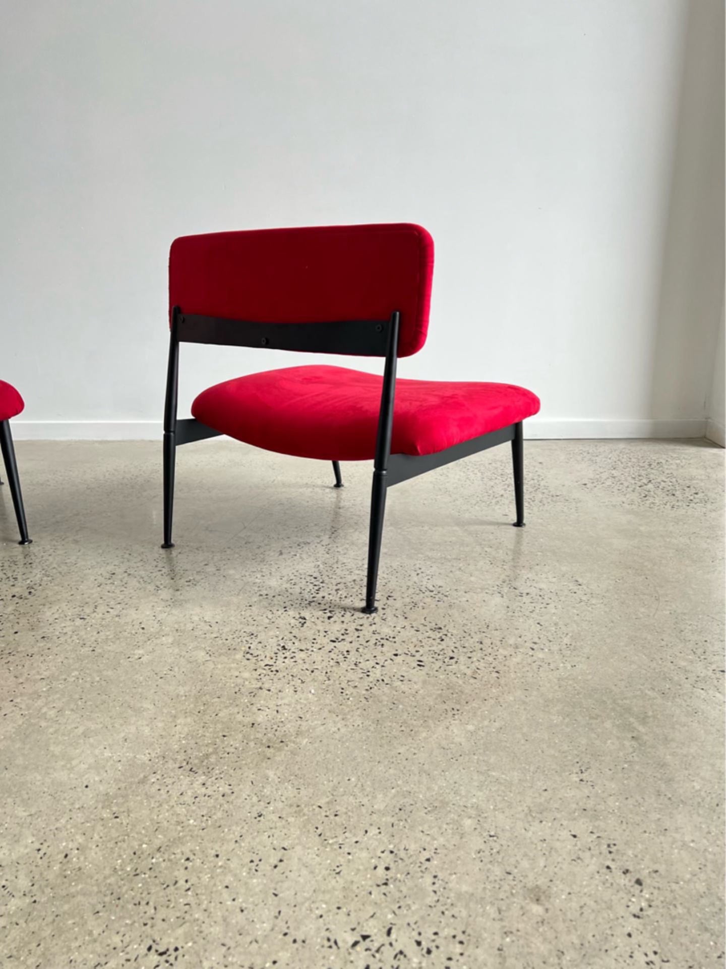 Set of Two Italian Low Chairs in Red Suede and Black Metal Frame, 1970s