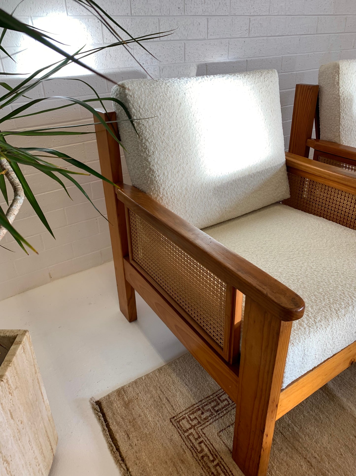 Pine and Rattan Boucle Armchair - Two Available