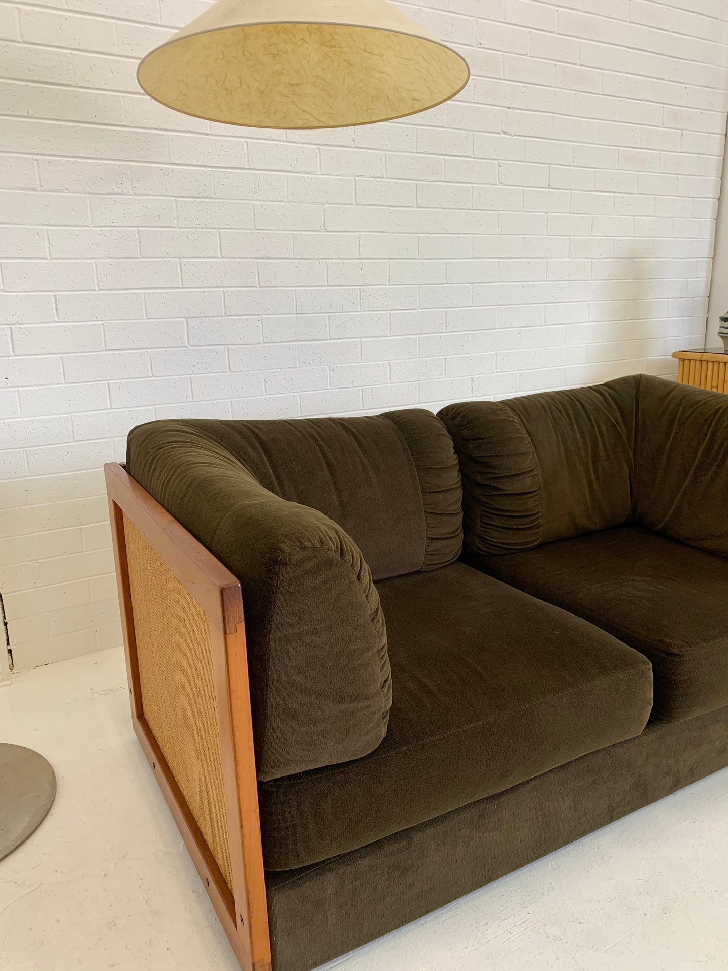 Vintage Parker Rattan and Velvet Sofa