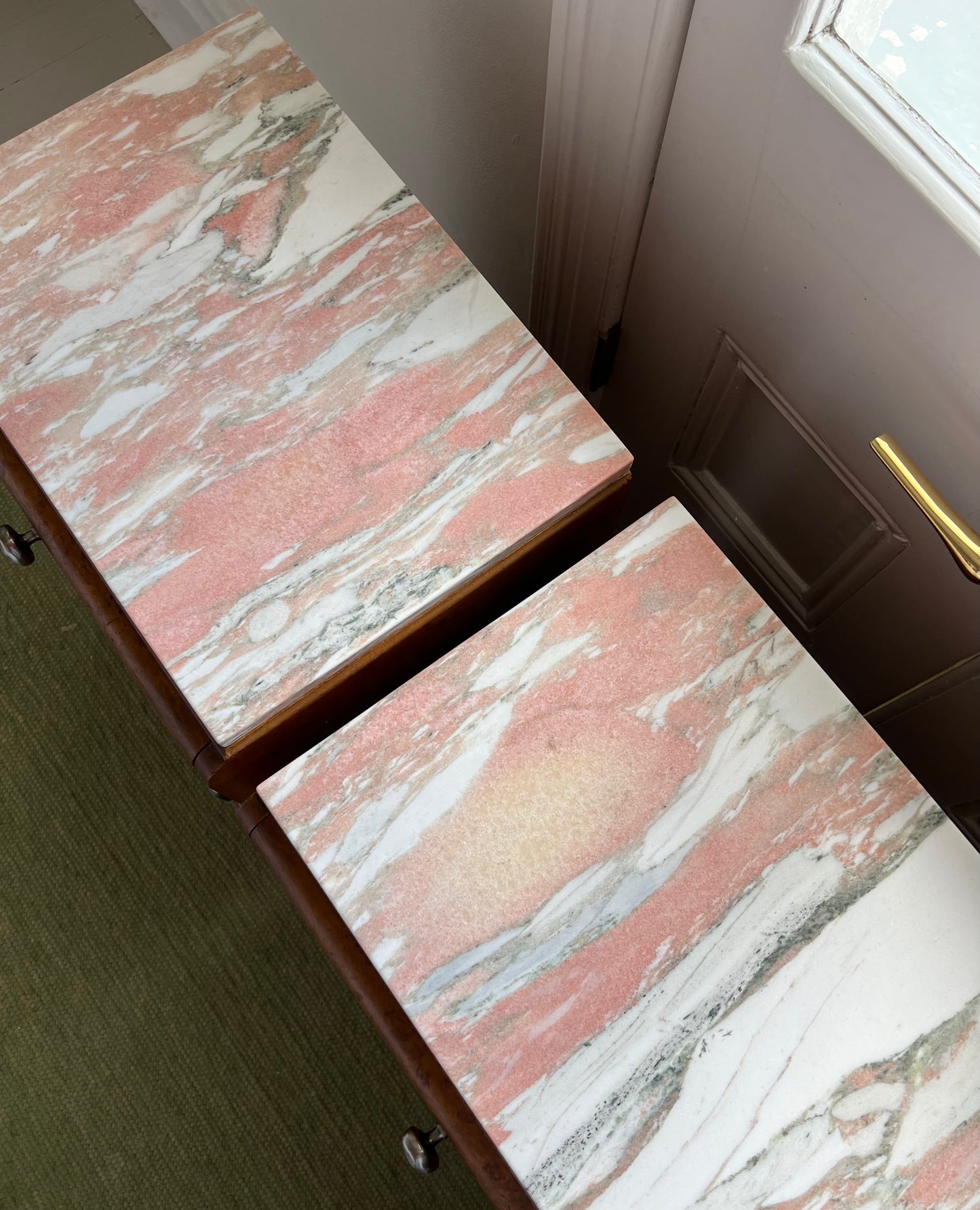 - Set of Two Burl Bedside Tables With Norwegian Rose Marble Tops