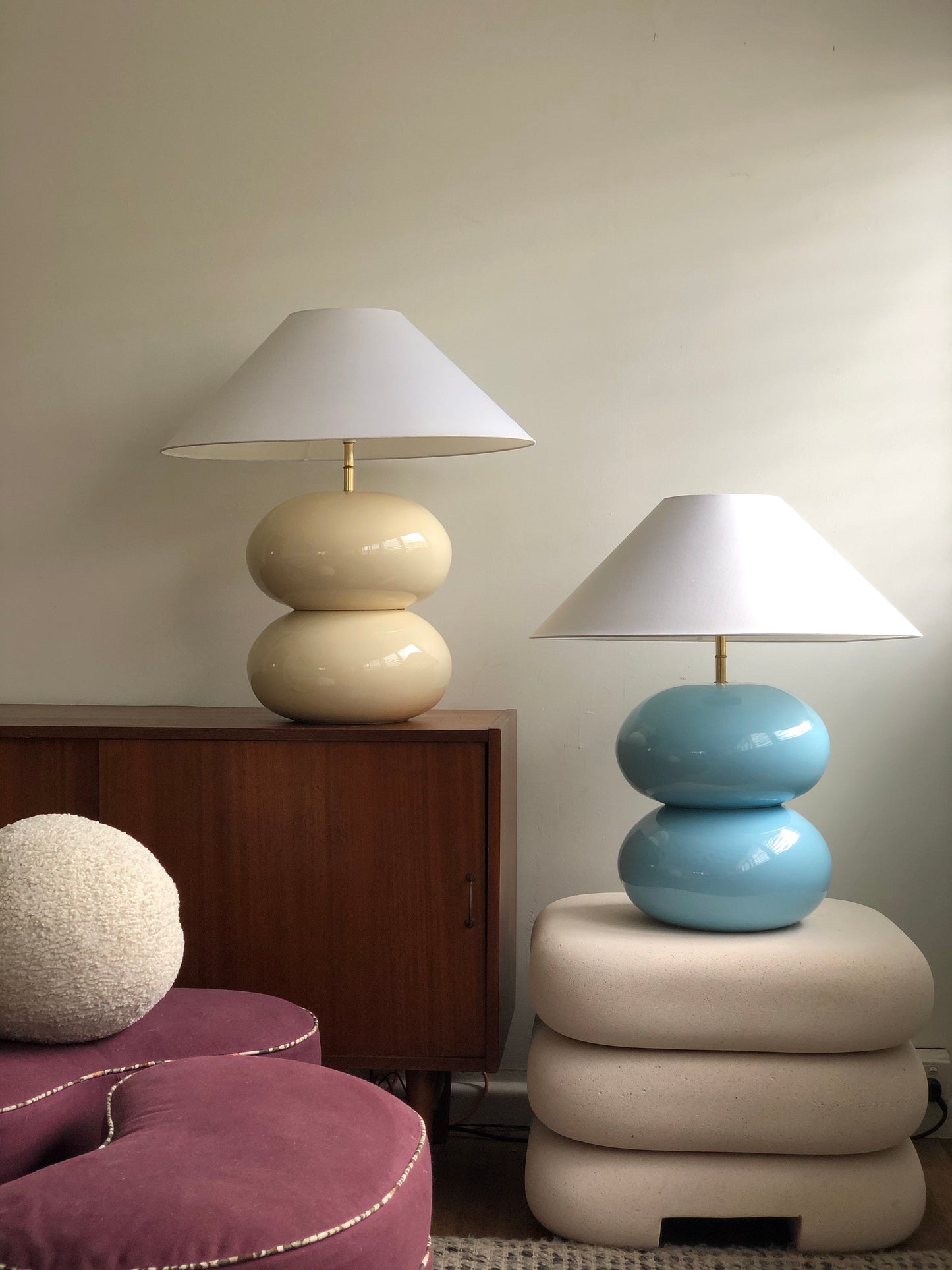 Powder Blue Double Bubble Lamp with White Conical Shade