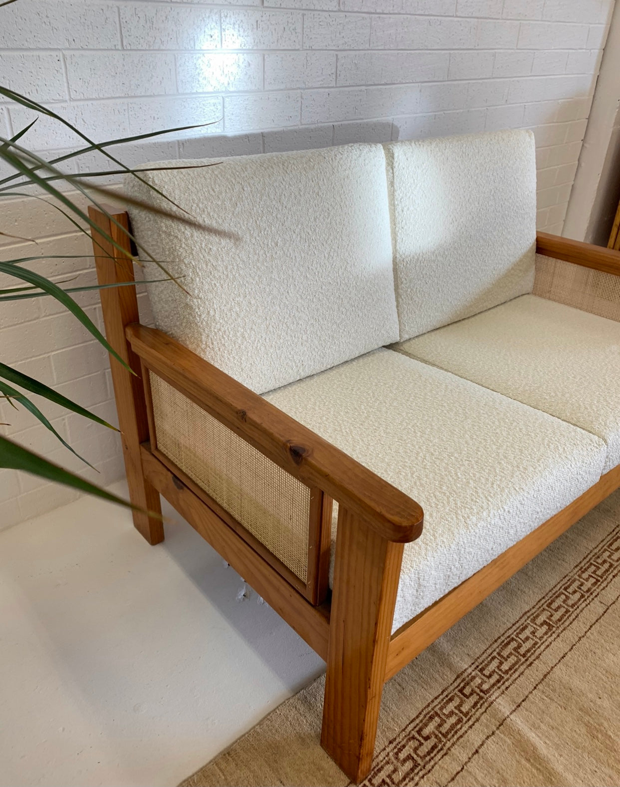 Pine and Rattan Boucle Two Seater Sofa