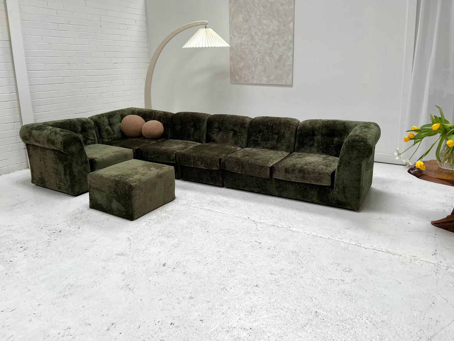 - Bespoke VandeRoza Green Chenille Modular Sofa - Seven Piece Set