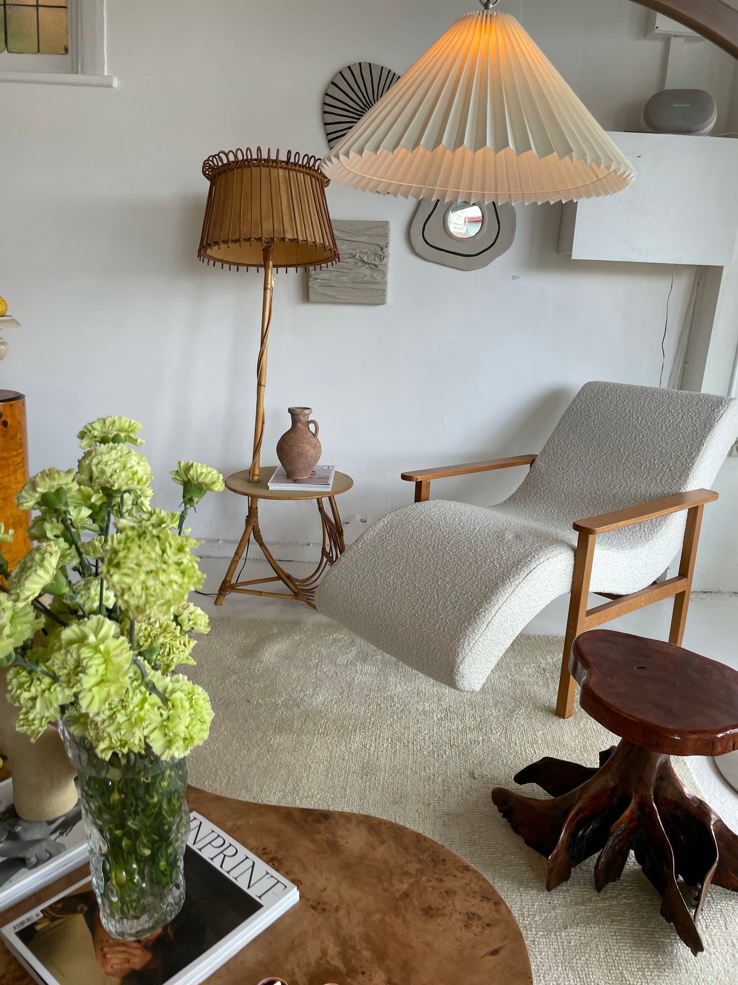 Sculptural Boucle & Wooden Chaise Lounge Chair