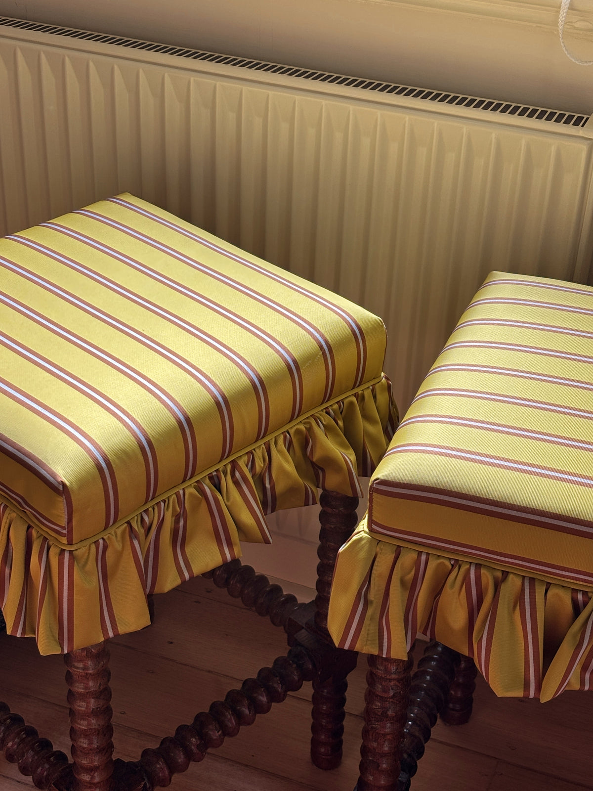 Pair of Reupholstered Spanish-style Bobbin Reel Stools