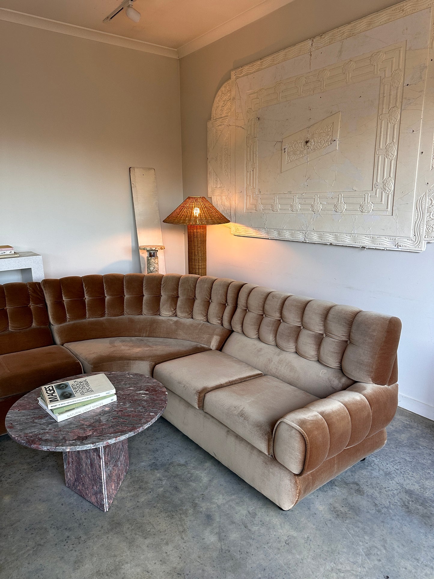 Vintage Tufted Caramel Velvet Curved Sofa
