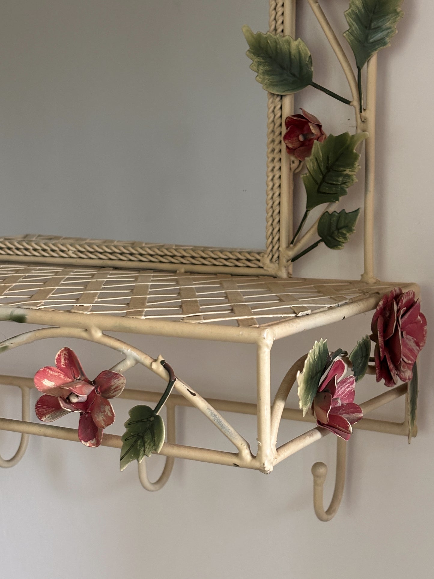 Vintage Italian Tole Hand Painted Mirror with Shelf