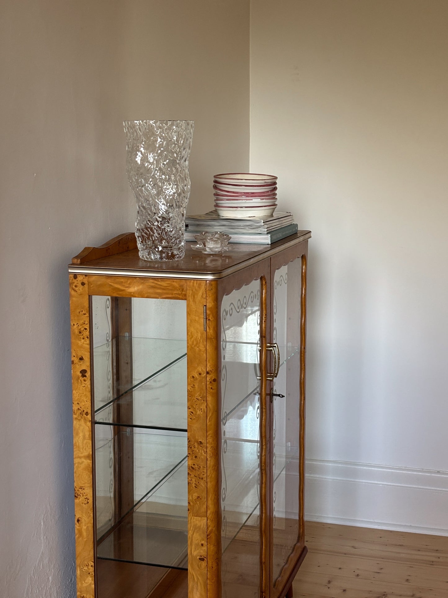 Vintage 1950s Burl & Glass Cabinet