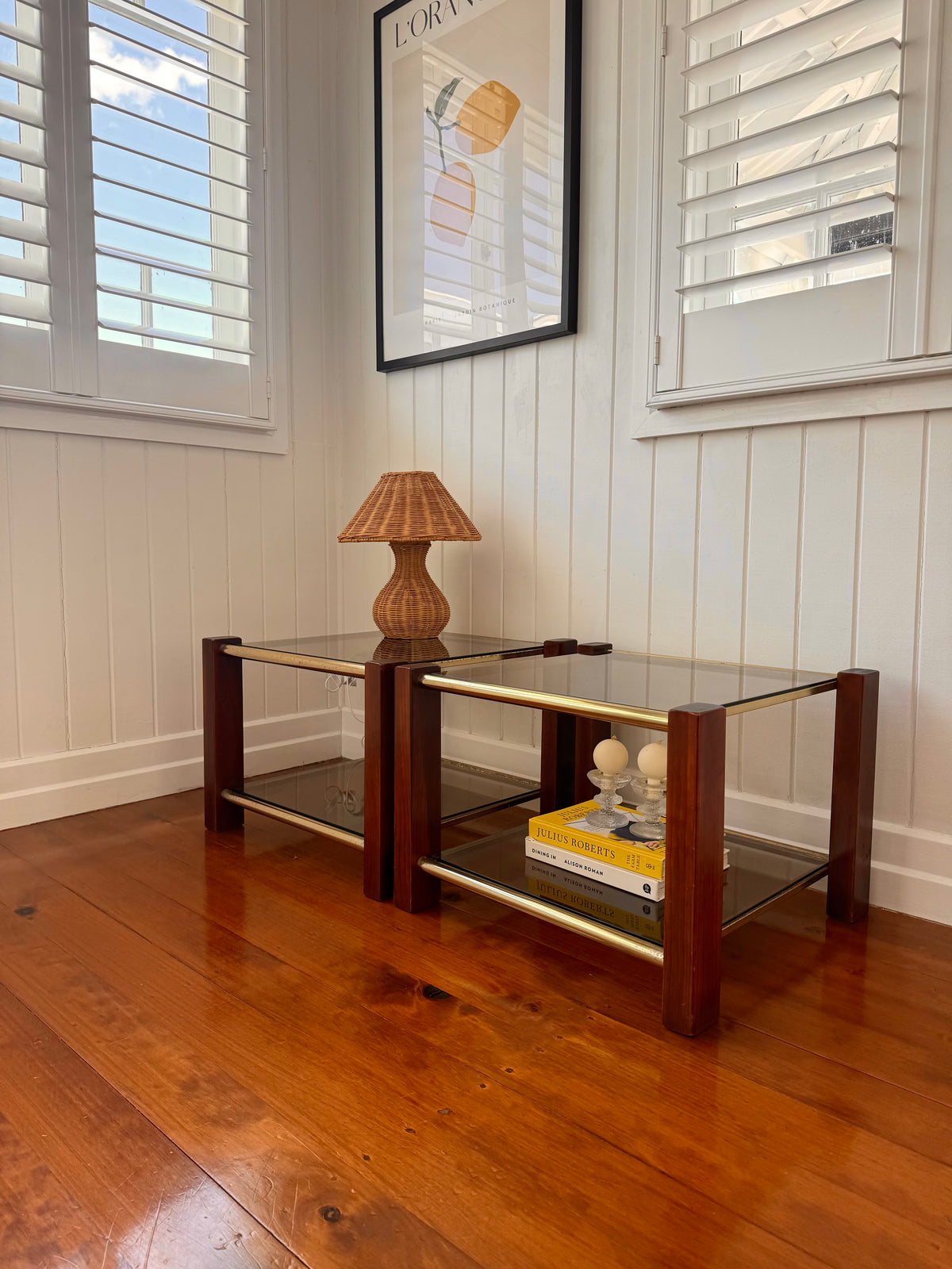 Pair of vintage timber and brass side tables