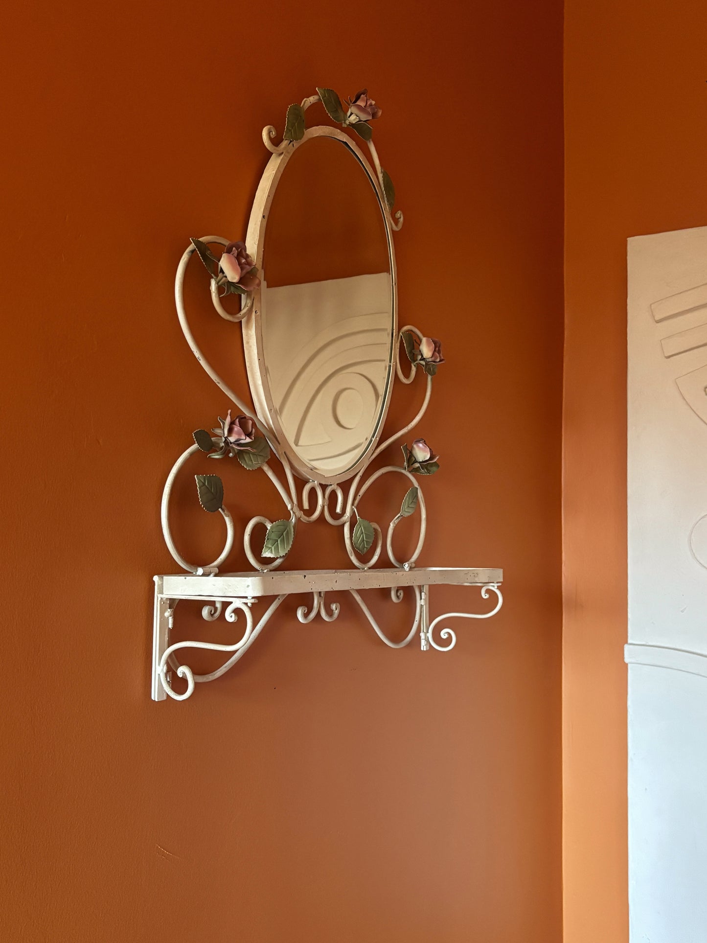 Vintage Tole Hand Painted Mirror with Shelf