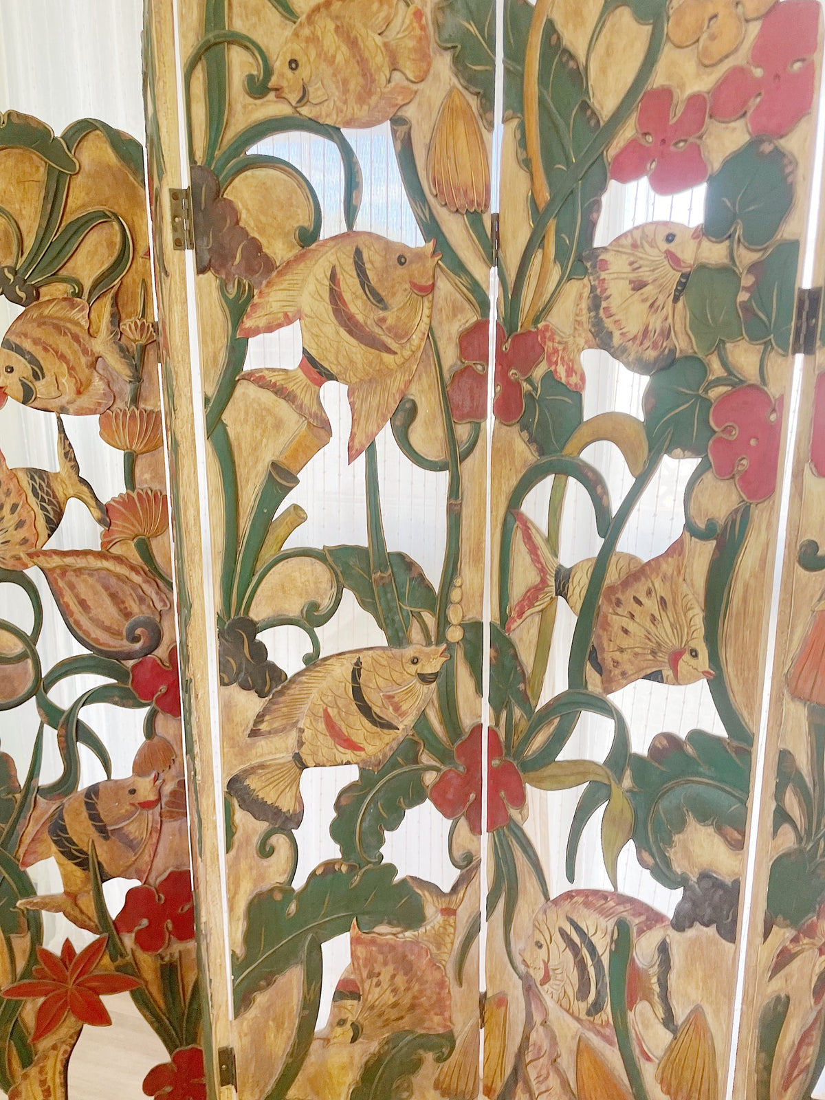 Unique Folk Hand Carved Botanical & Fish Folding Screen